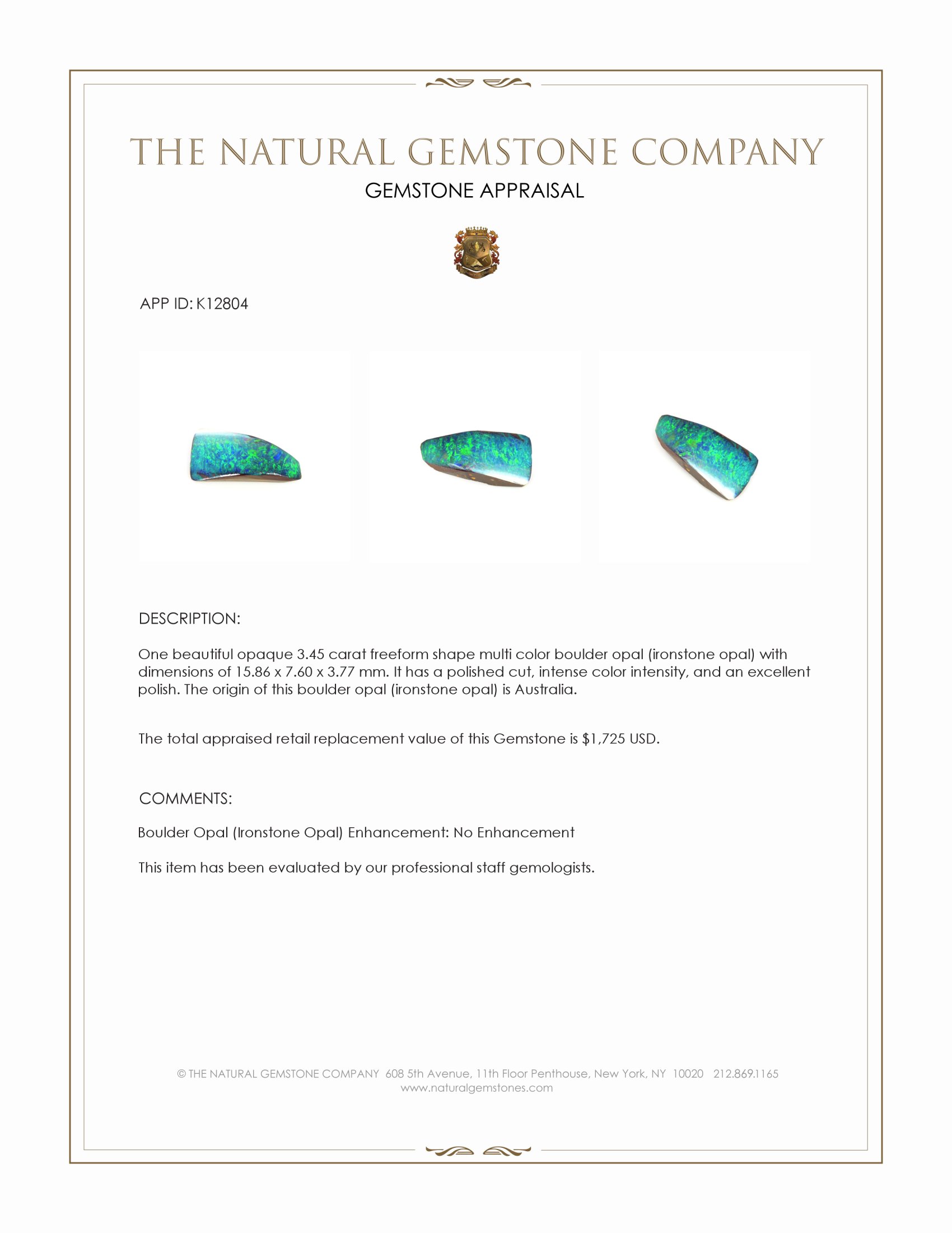 3.45 Ct. Multi Color Boulder Opal (Ironstone Opal) from Australia