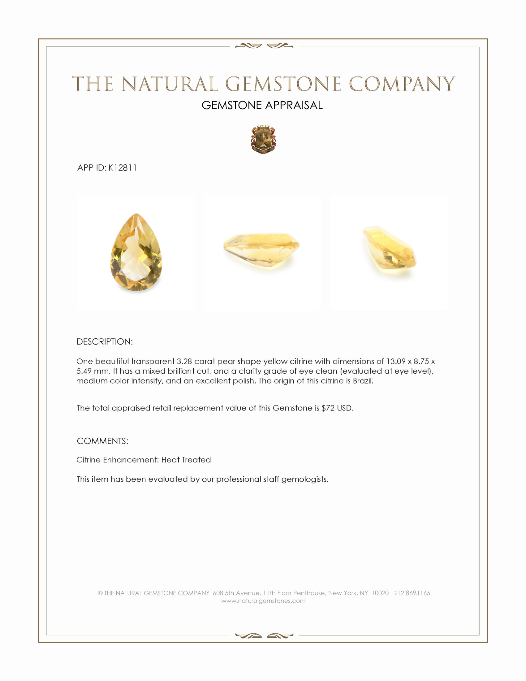 3.28 Ct. Yellow Citrine from Brazil