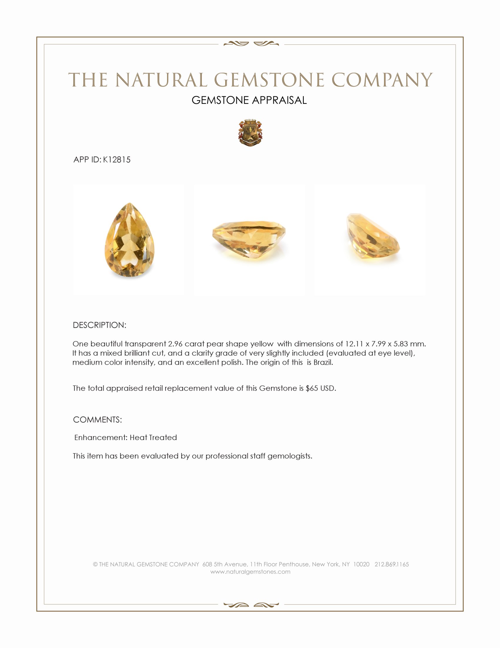 2.96 Ct. Yellow Citrine from Brazil