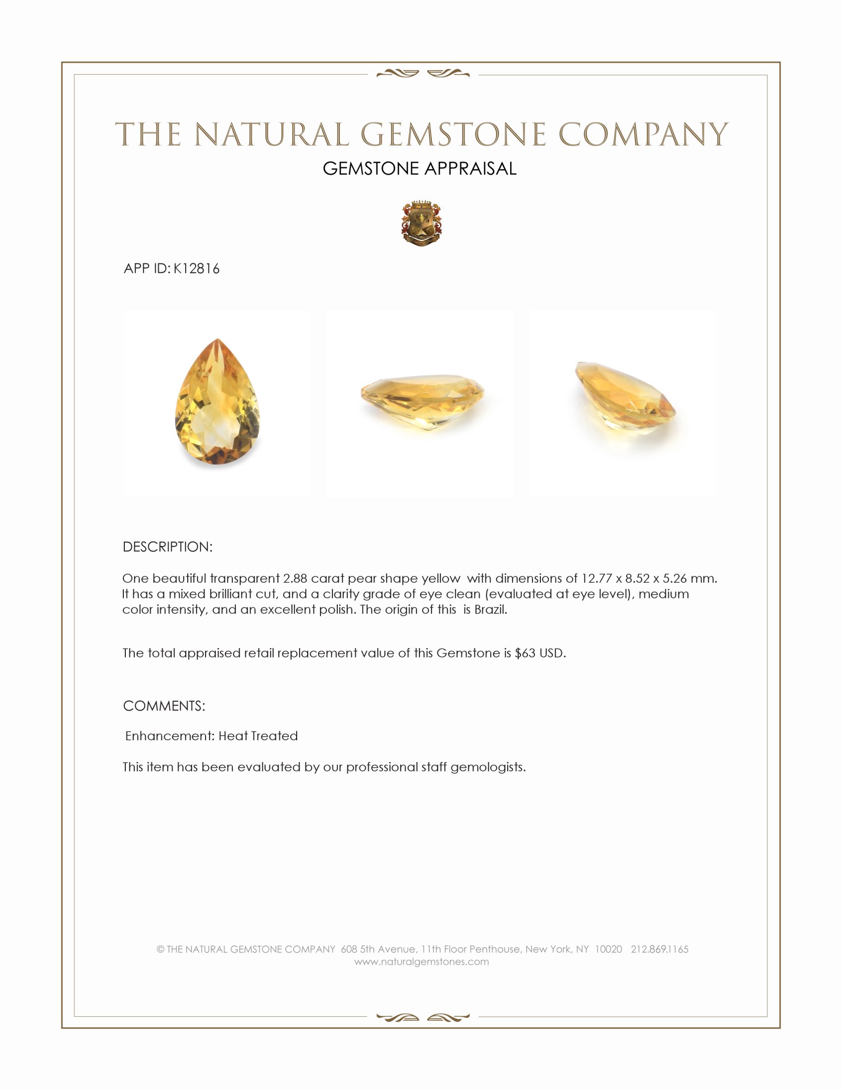 2.88 Ct. Yellow Citrine from Brazil