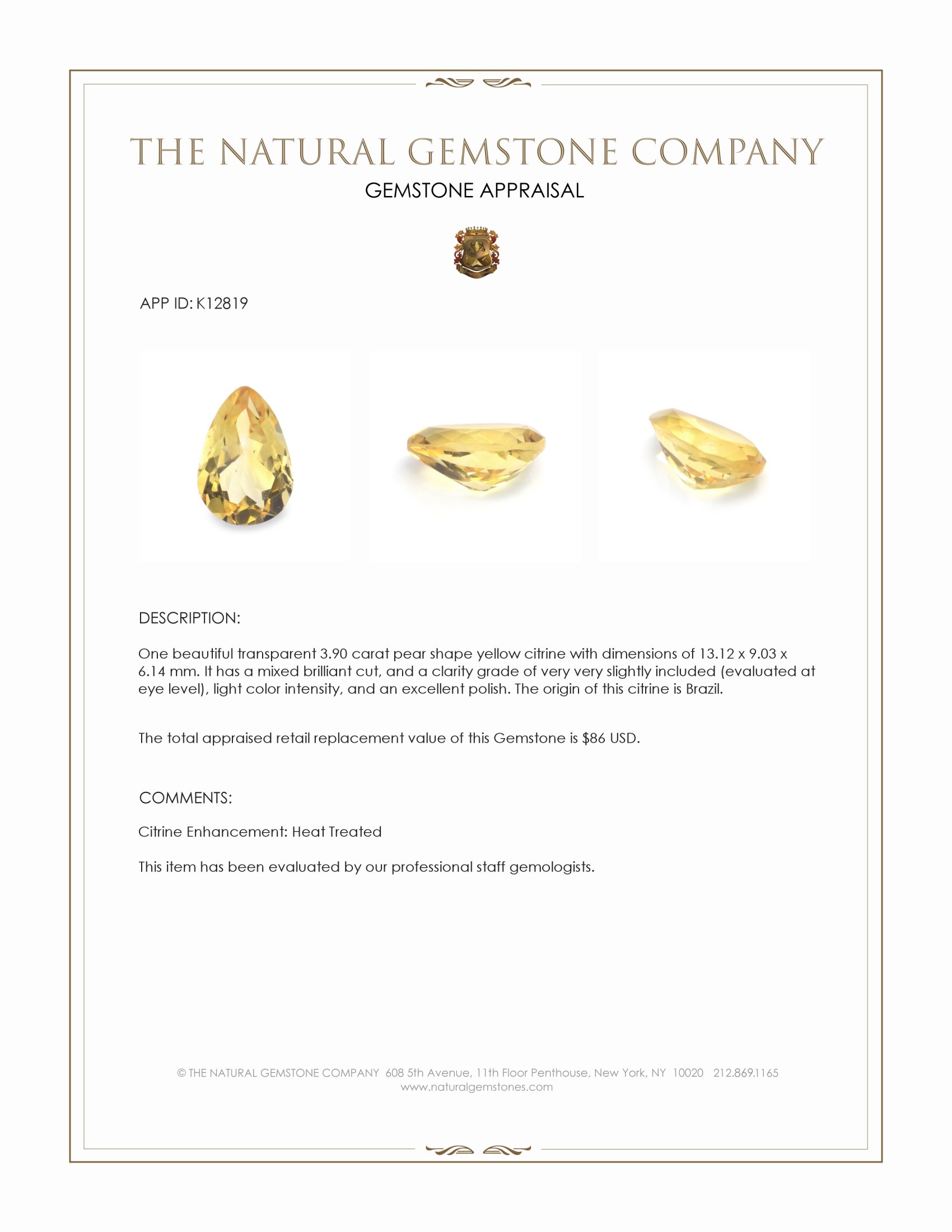 3.90 Ct. Citrine from Brazil