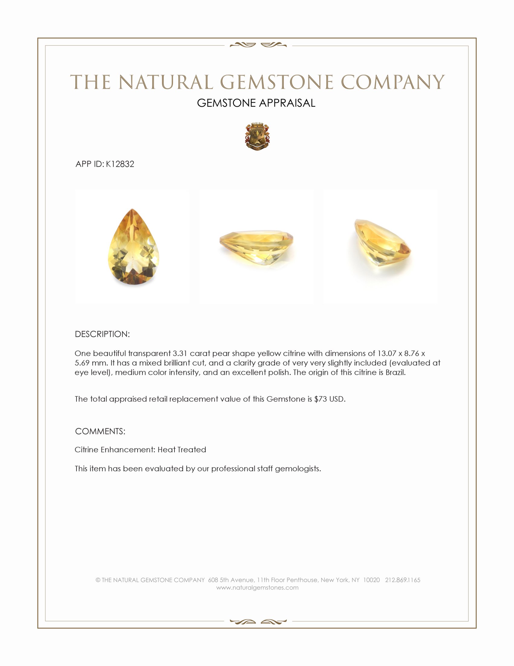 3.31 Ct. Yellow Citrine from Brazil