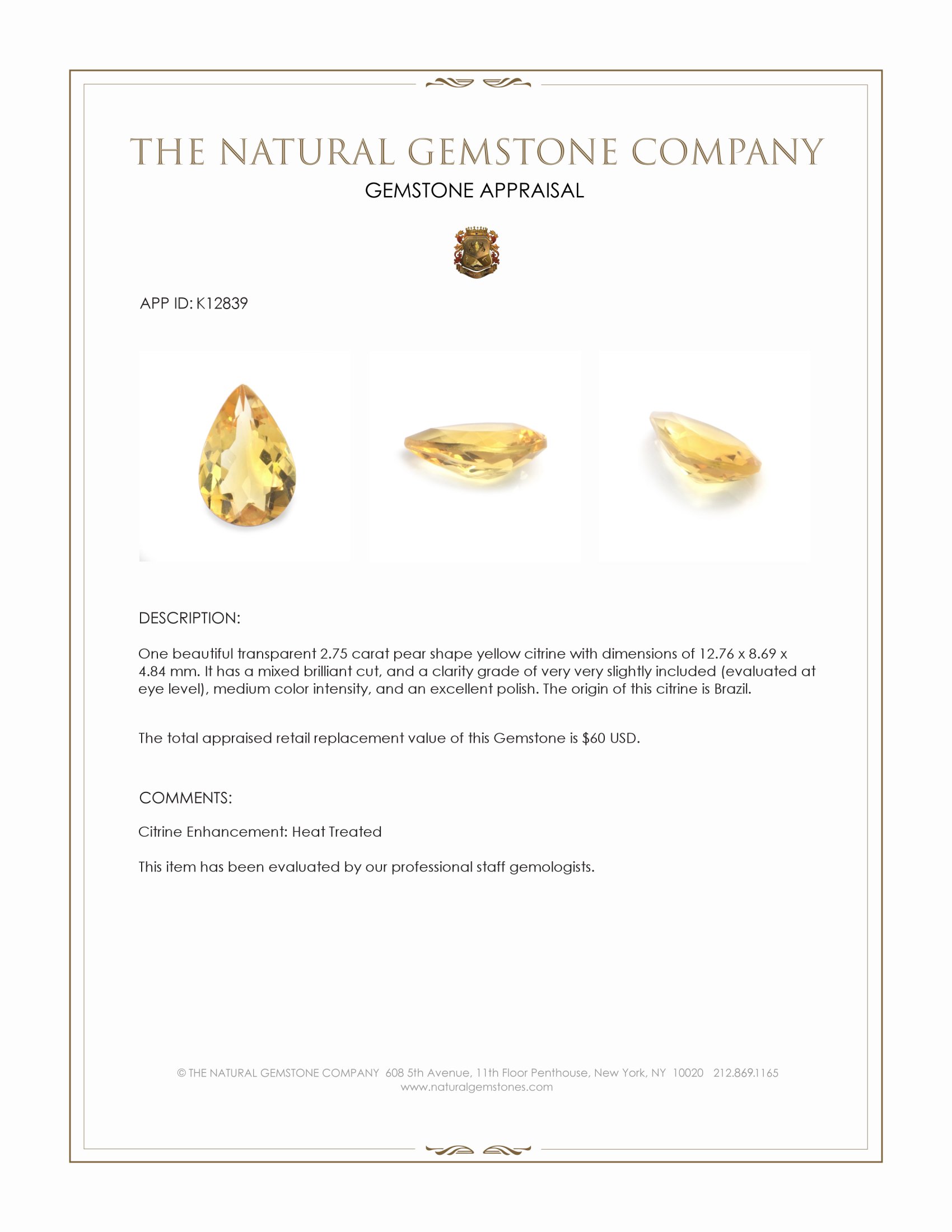 2.75 Ct. Yellow Citrine from Brazil