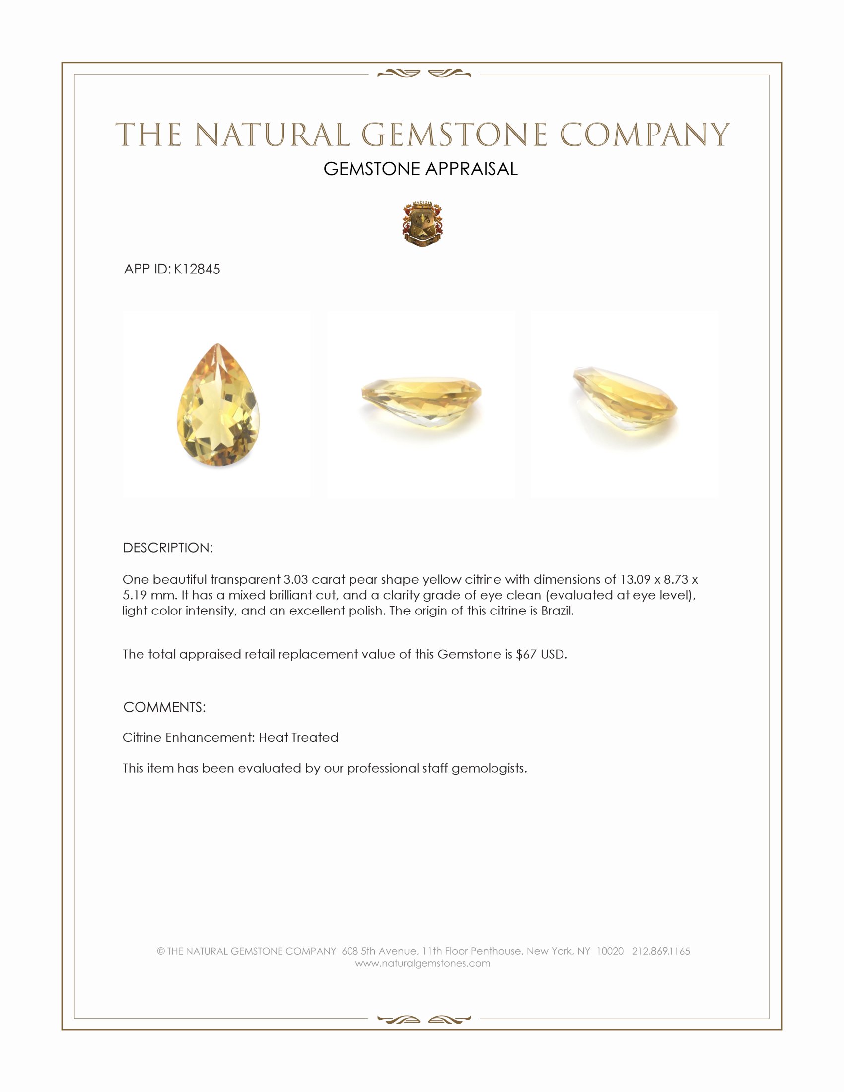 3.03 Ct. Yellow Citrine from Brazil