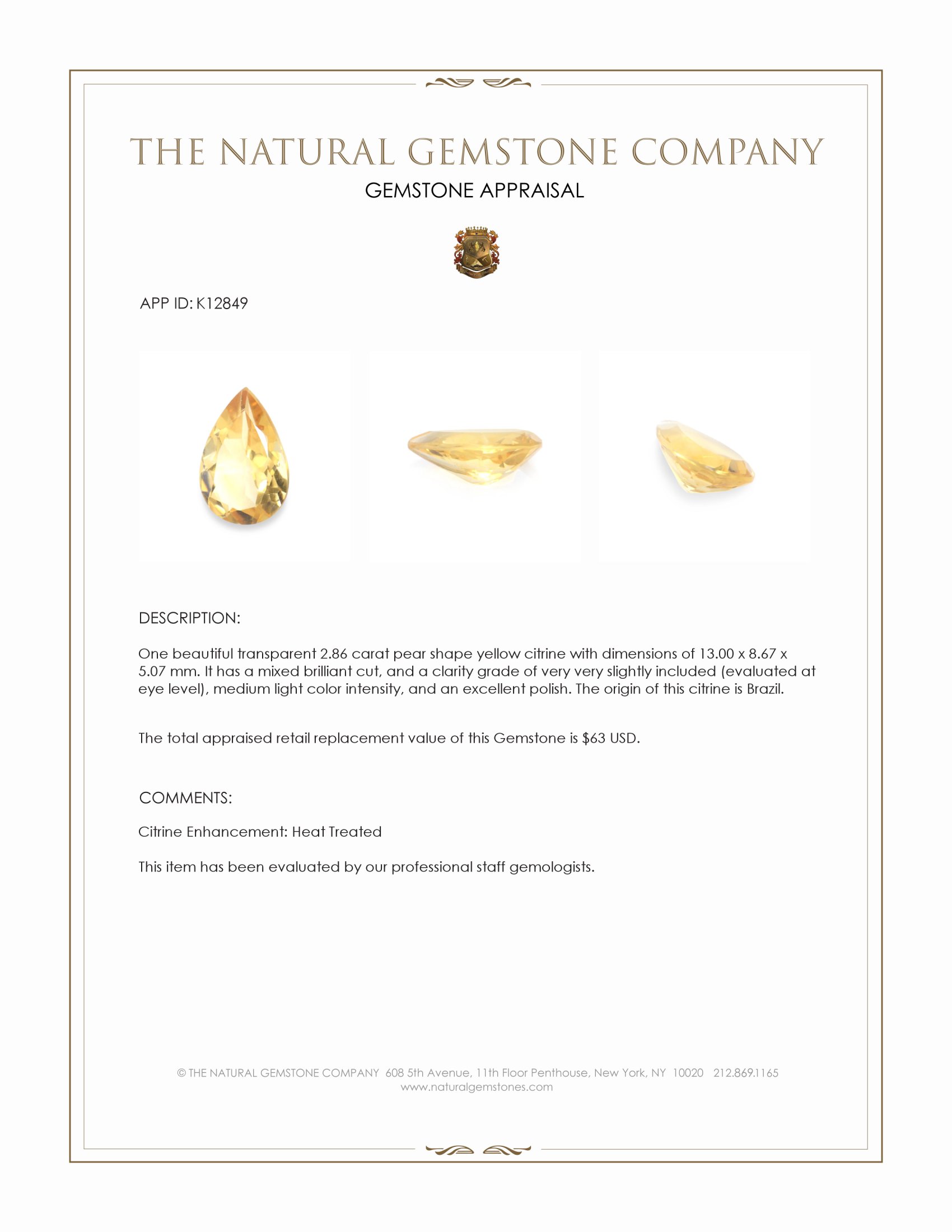 2.86 Ct. Citrine from Brazil