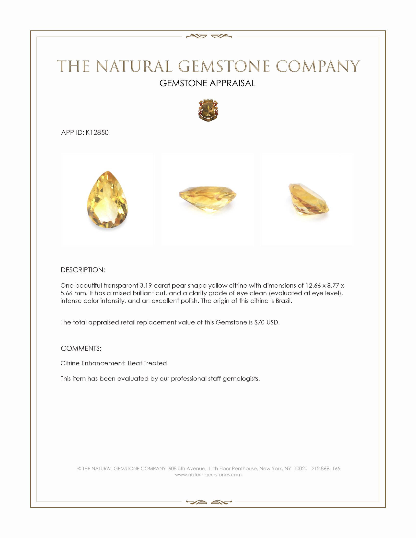 3.19 Ct. Yellow Citrine from Brazil