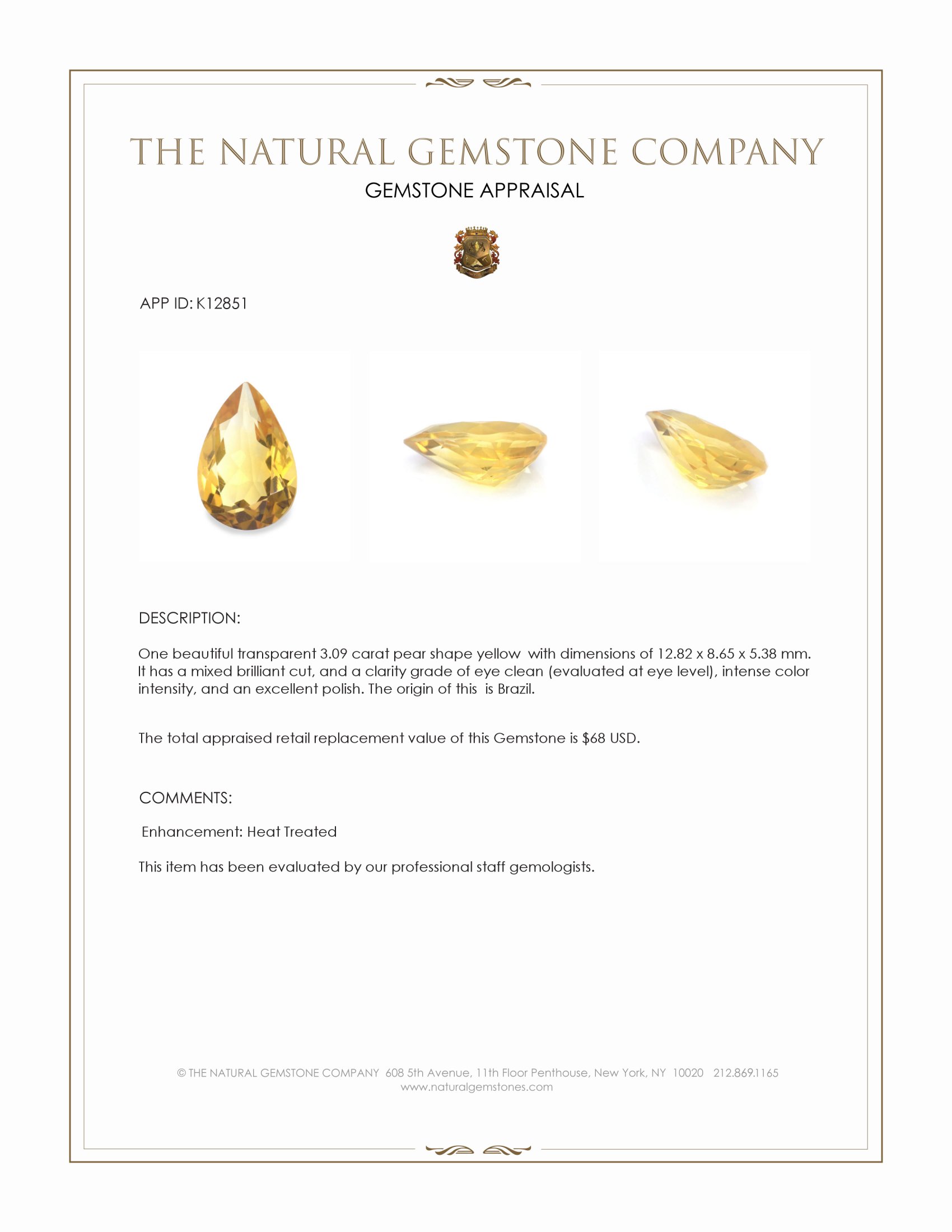 3.09 Ct. Yellow Citrine from Brazil