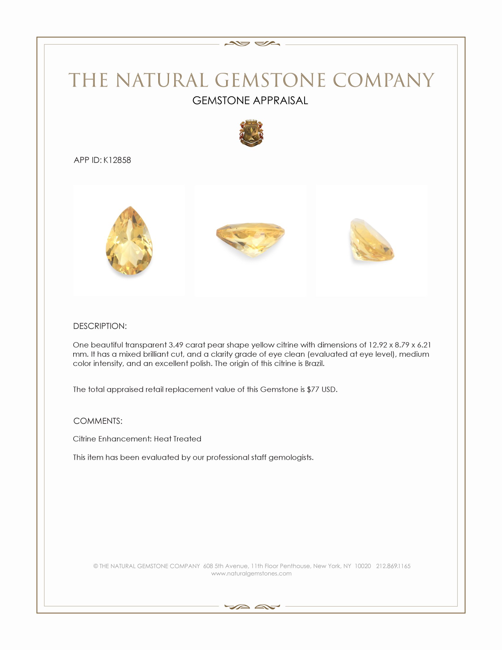 3.49 Ct. Yellow Citrine from Brazil