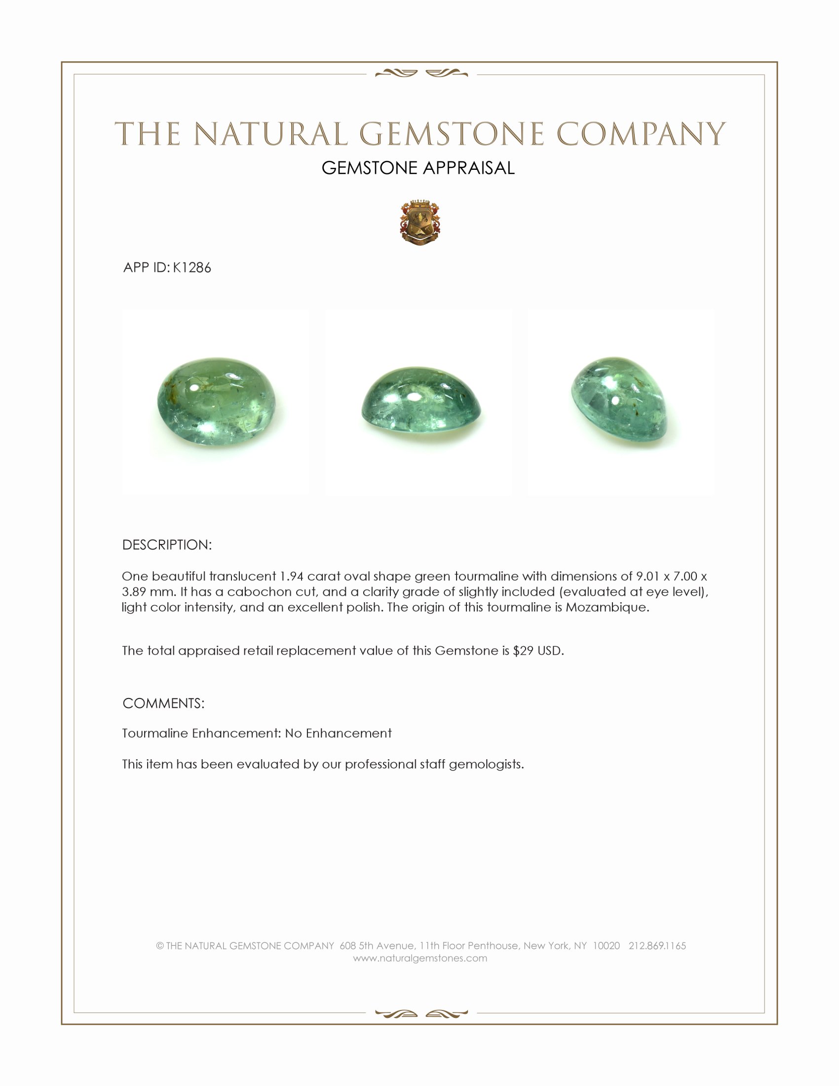 1.94 Ct. Green Cabochon Tourmaline from Mozambique