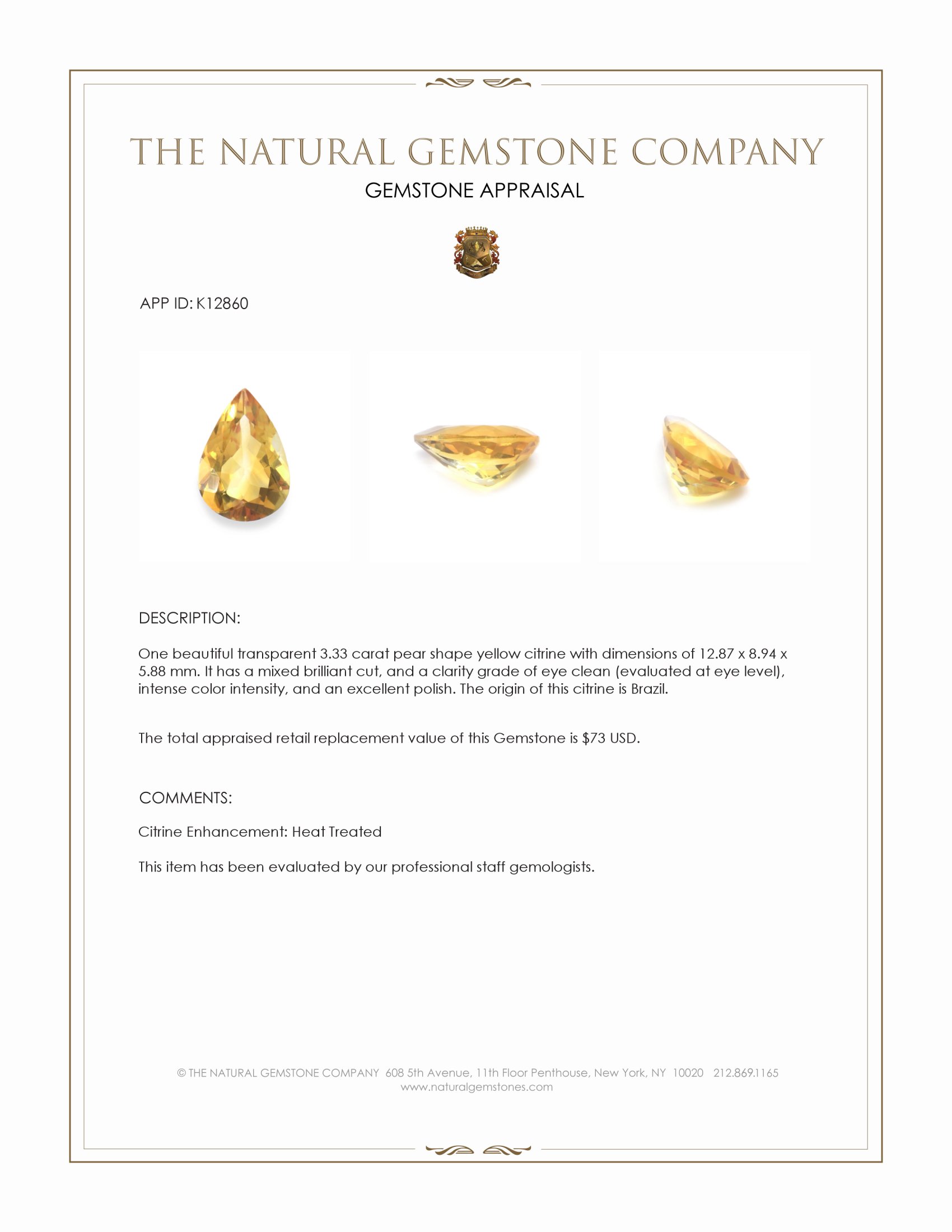 3.33 Ct. Yellow Citrine from Brazil