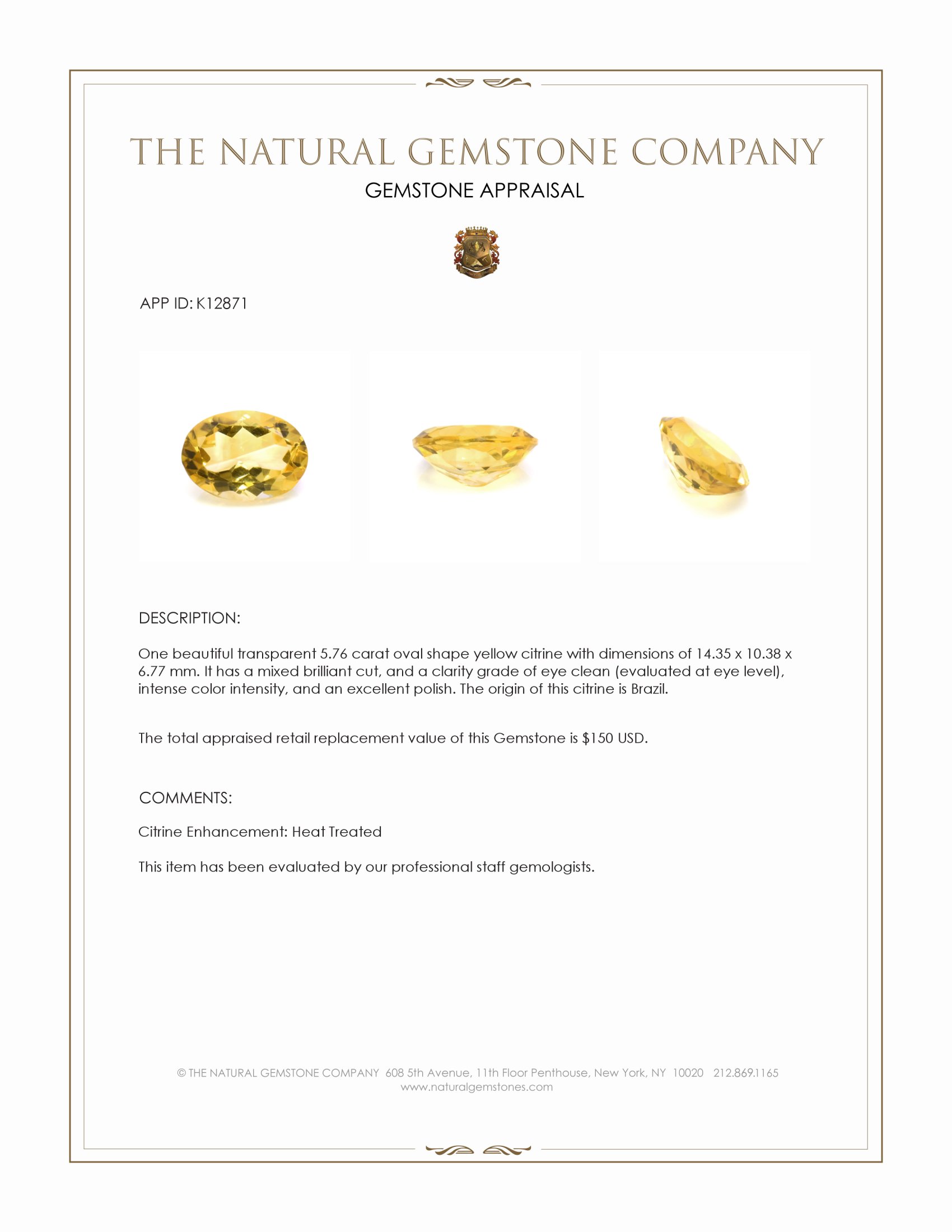 5.76 Ct. Yellow Citrine from Brazil