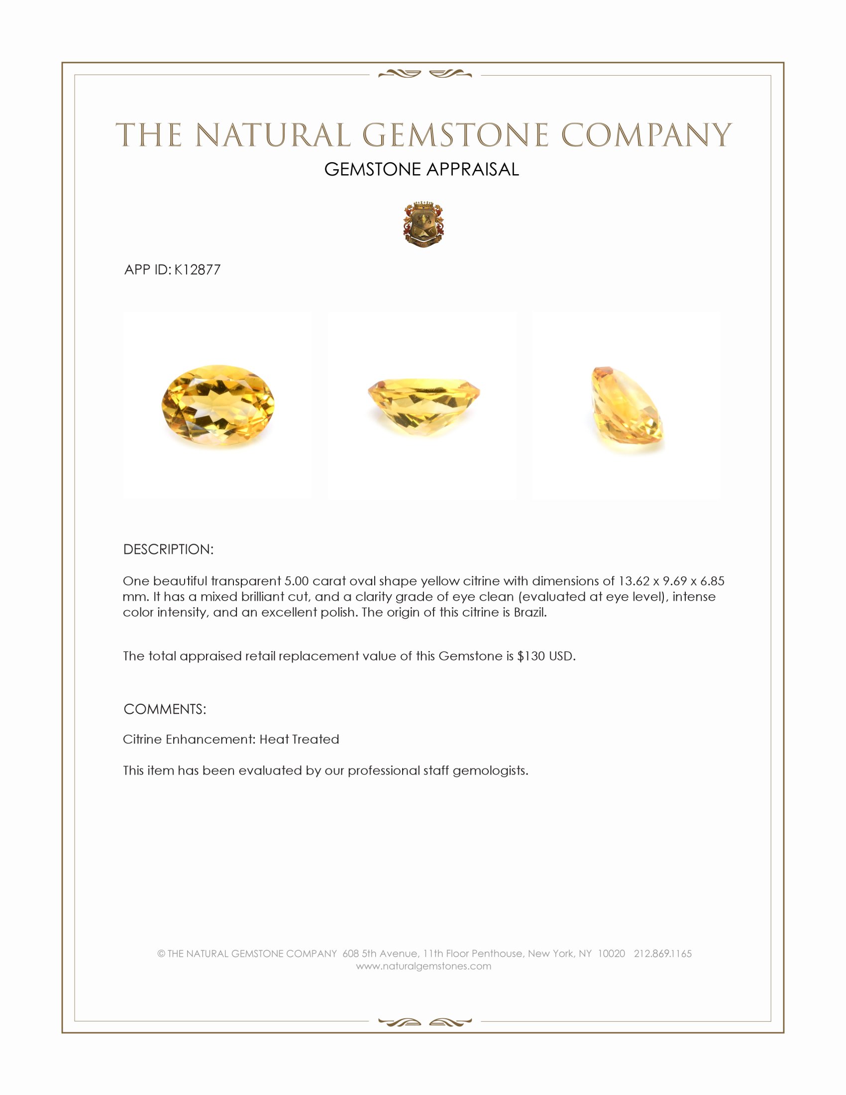 5.00 Ct. Yellow Citrine from Brazil