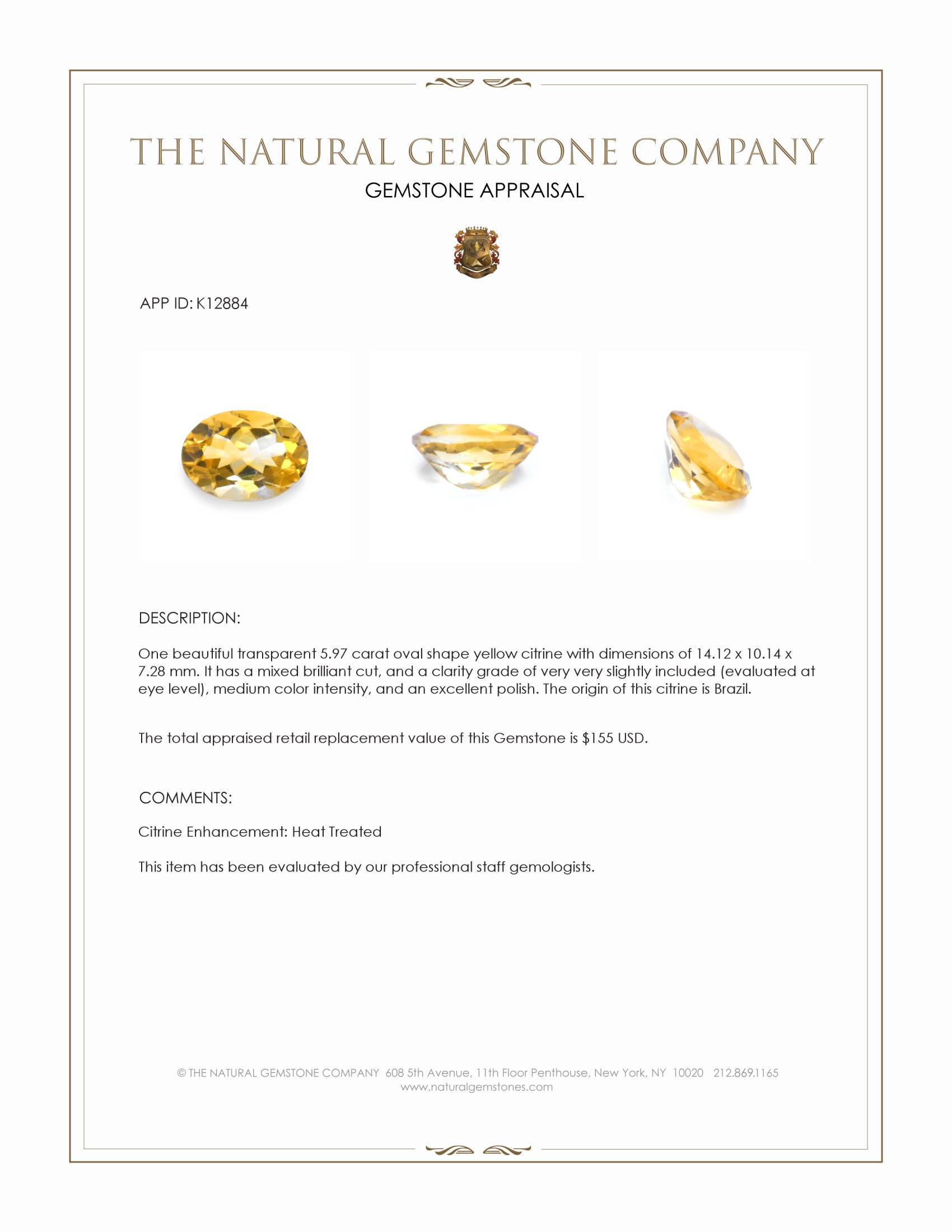 5.97 Ct. Yellow Citrine from Brazil