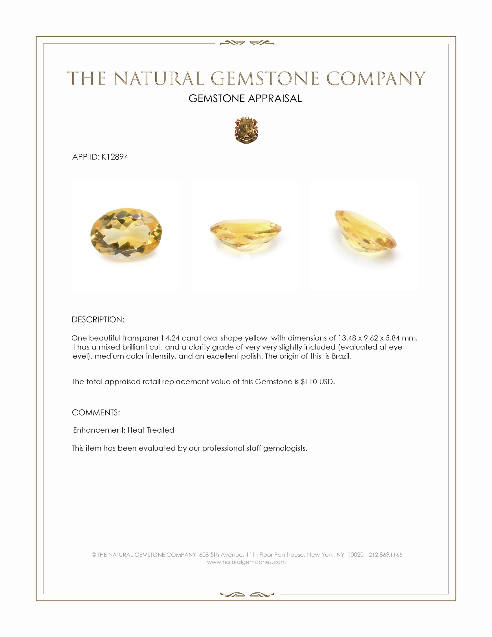 4.24 Ct. Yellow Citrine from Brazil