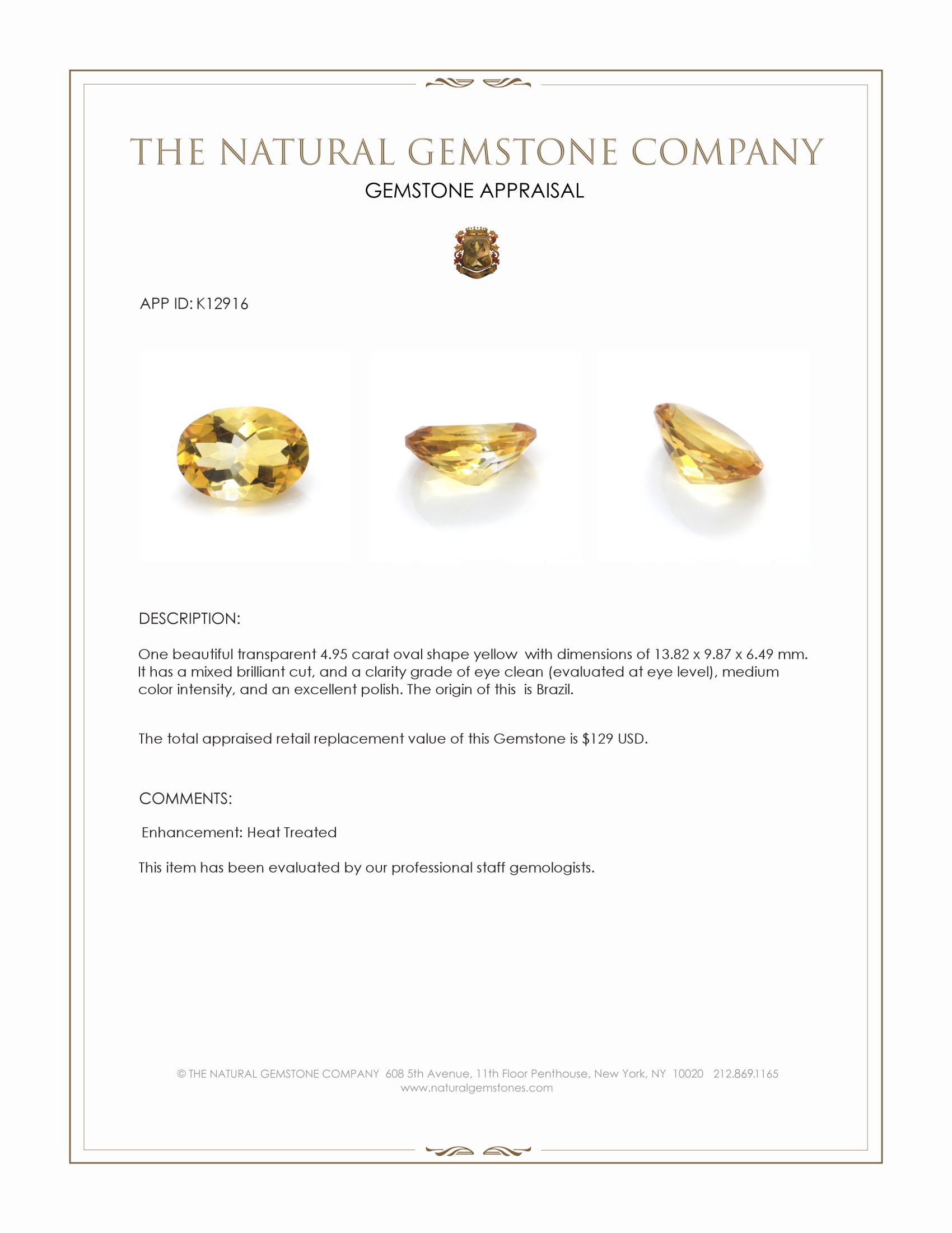 4.95 Ct. Yellow Citrine from Brazil