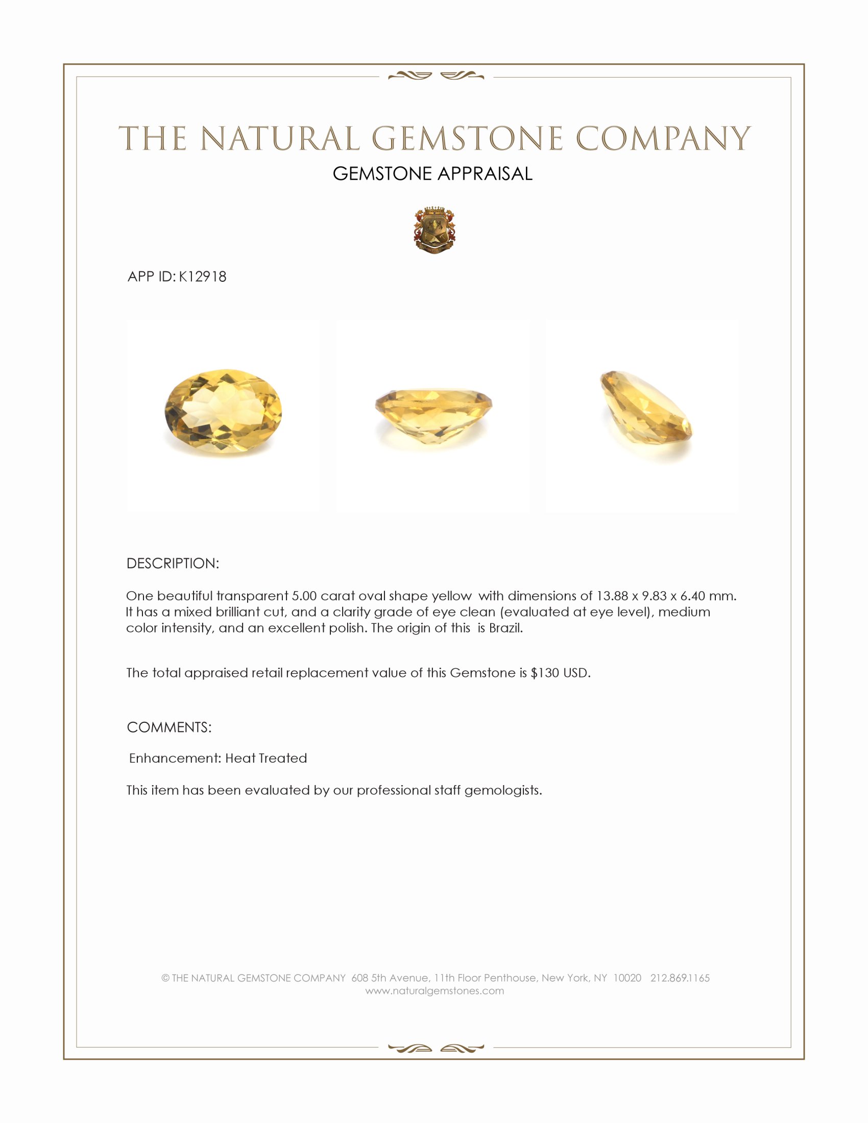 5.00 Ct. Yellow Citrine from Brazil