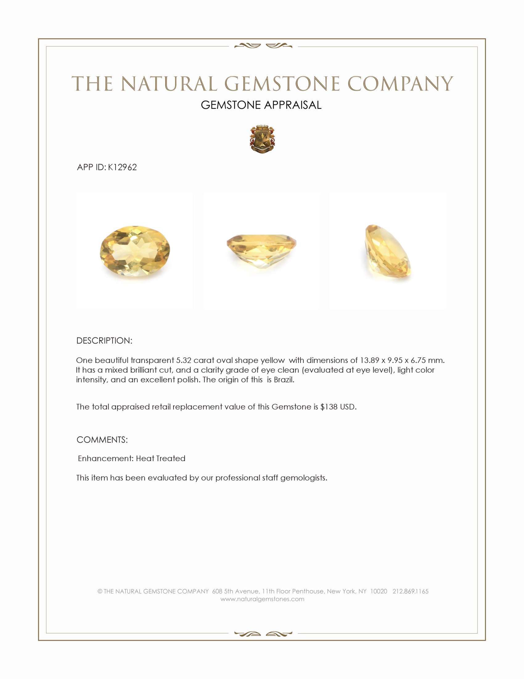 5.32 Ct. Yellow Citrine from Brazil