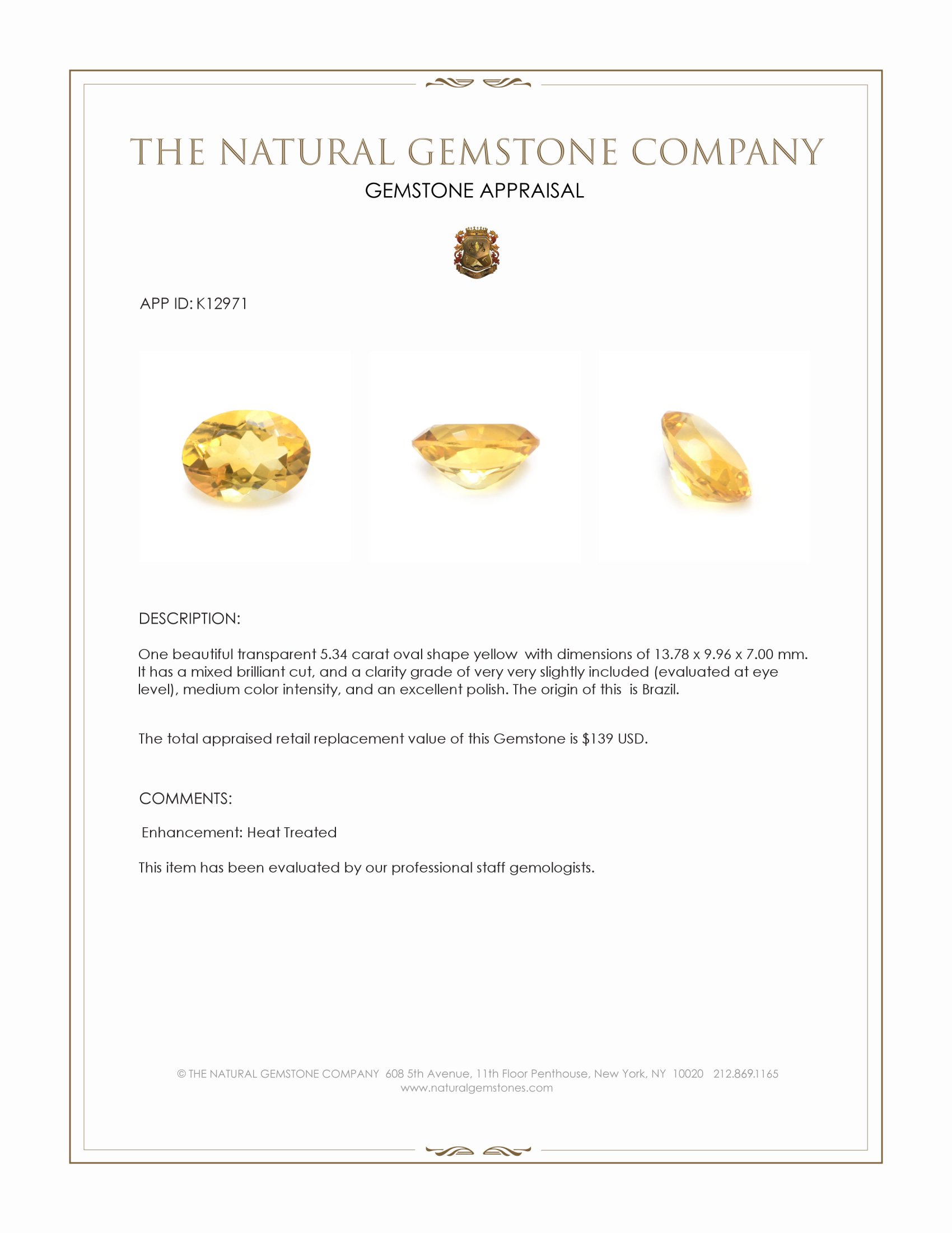 5.34 Ct. Yellow Citrine from Brazil