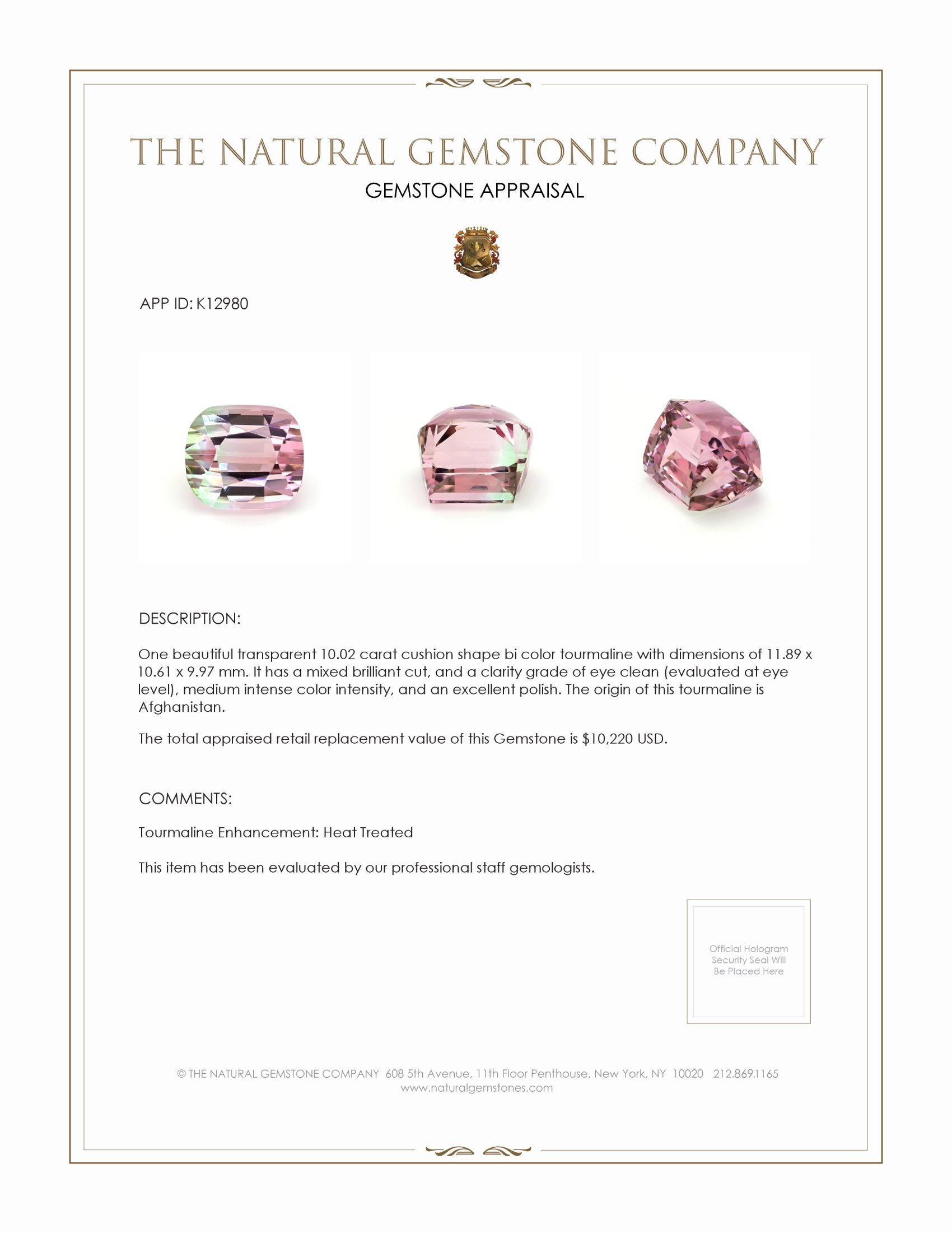 10.02 Ct. Tourmaline from Afghanistan