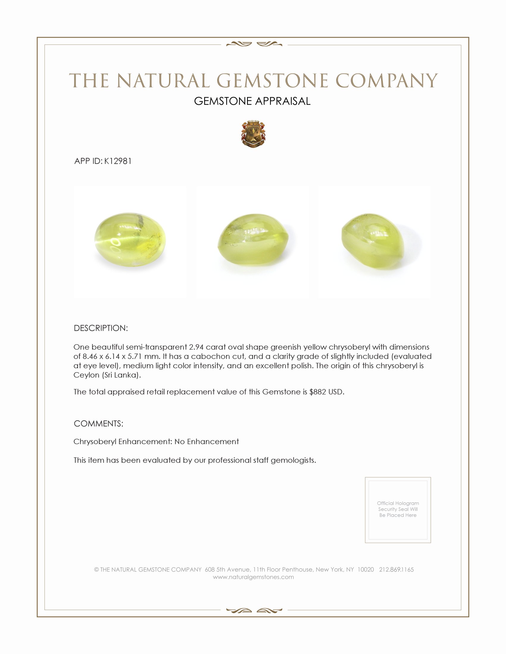 2.94 Ct. Cabochon Chrysoberyl from Ceylon (Sri Lanka)