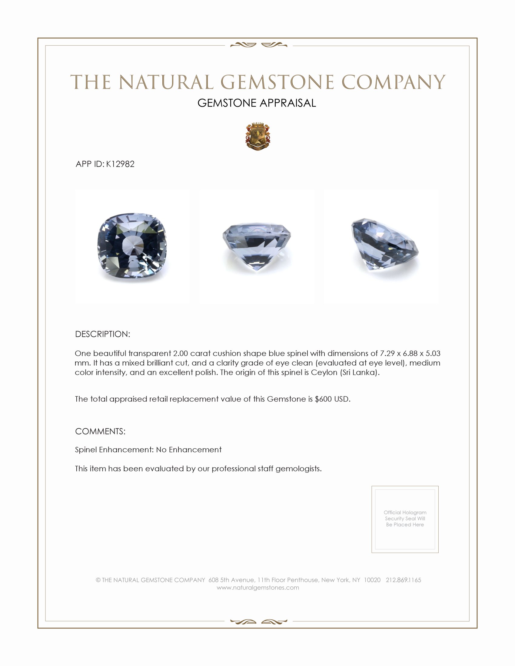 2.00 Ct. Bluish Grey Spinel from Ceylon (Sri Lanka)