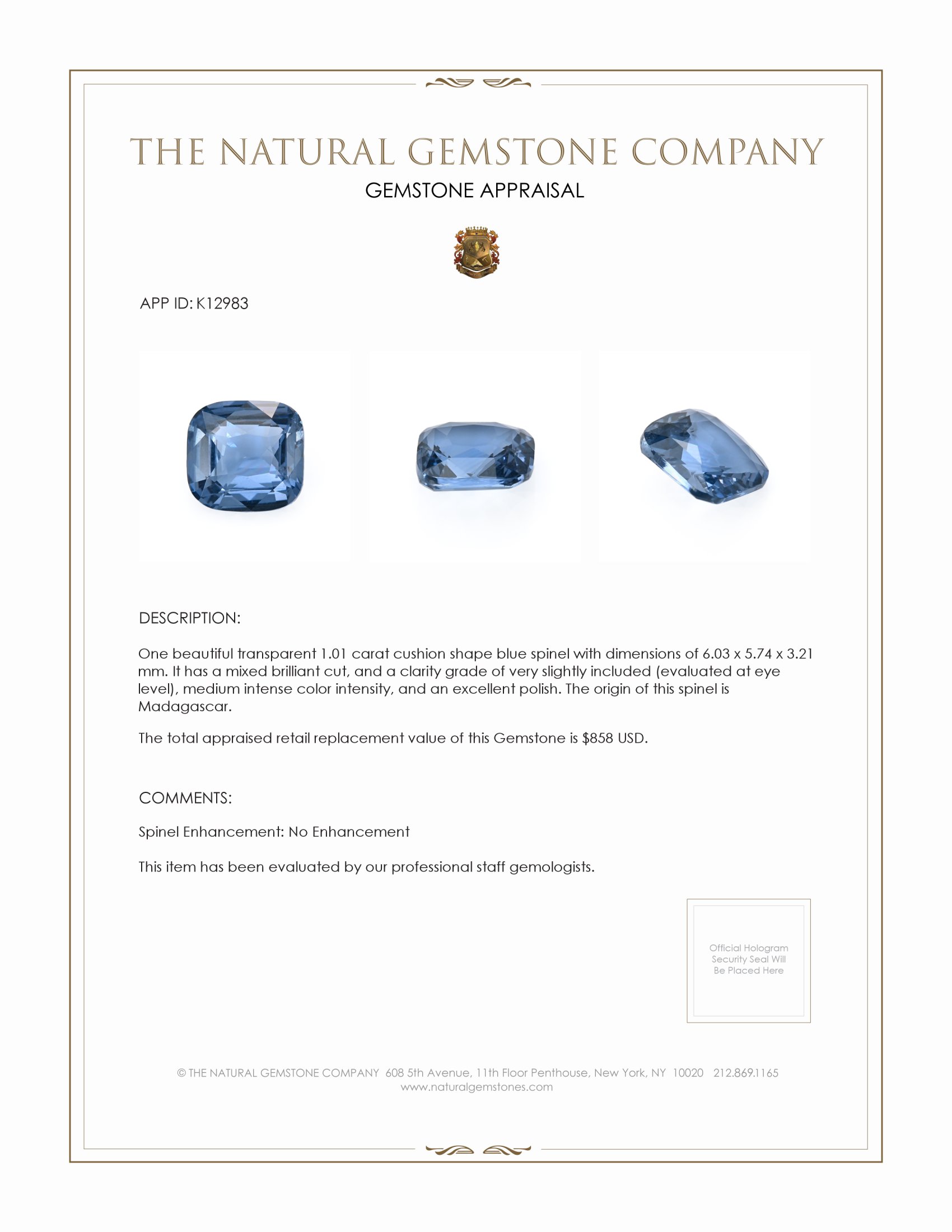 1.01 Ct. Blue Spinel from Madagascar