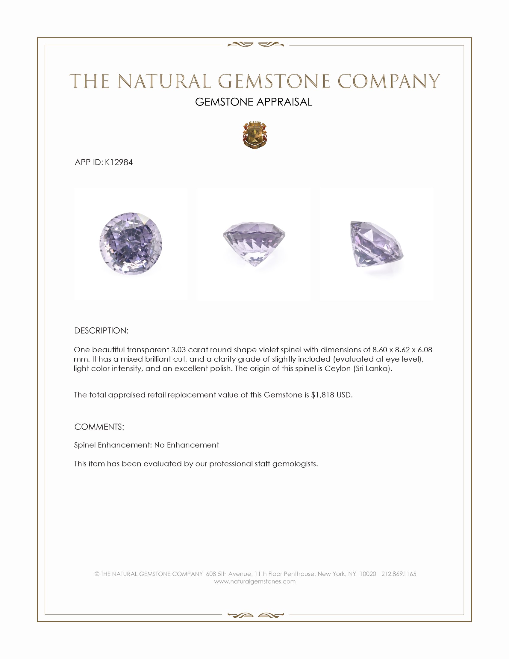 3.03 Ct. Violet Spinel from Ceylon (Sri Lanka)