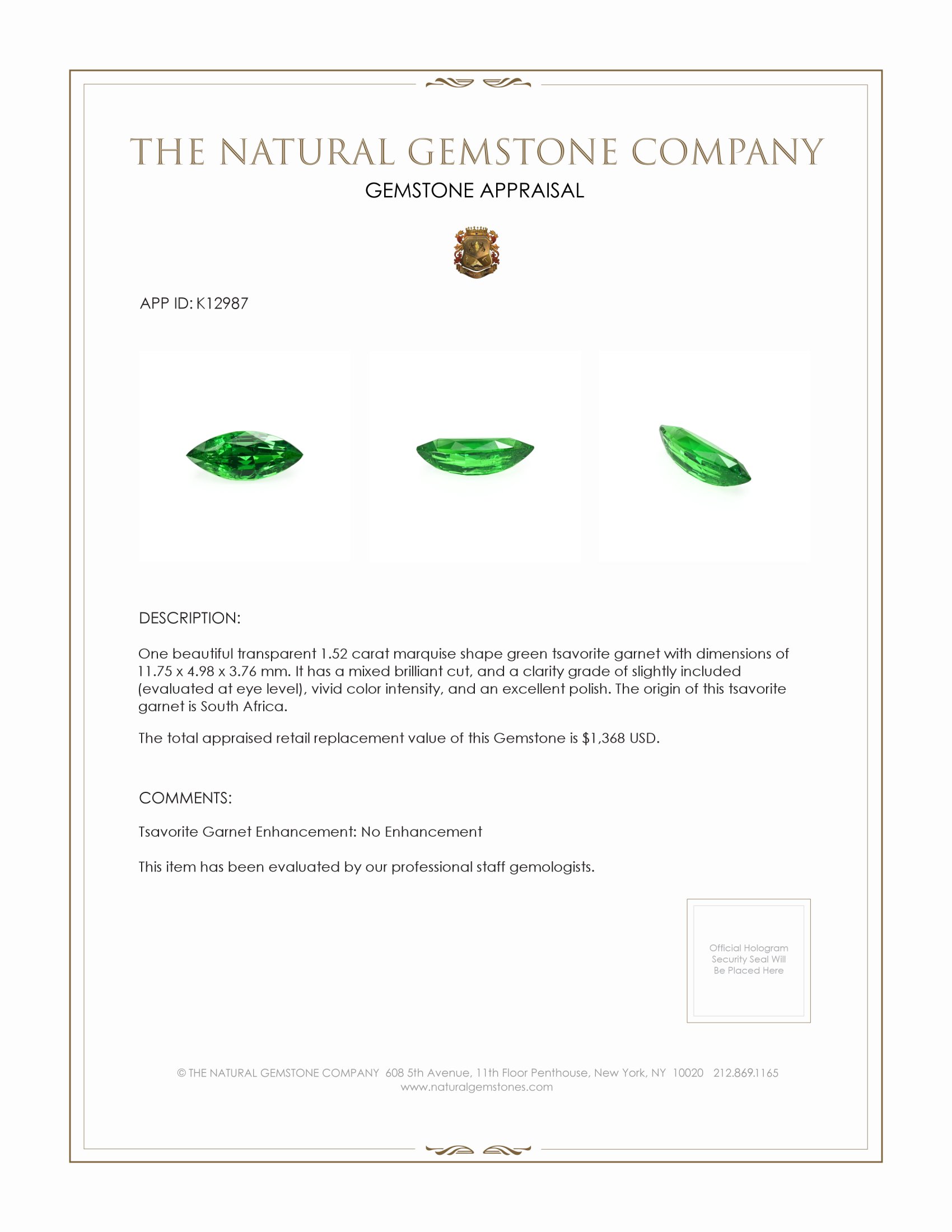 1.52 Ct. Tsavorite Garnet from South Africa