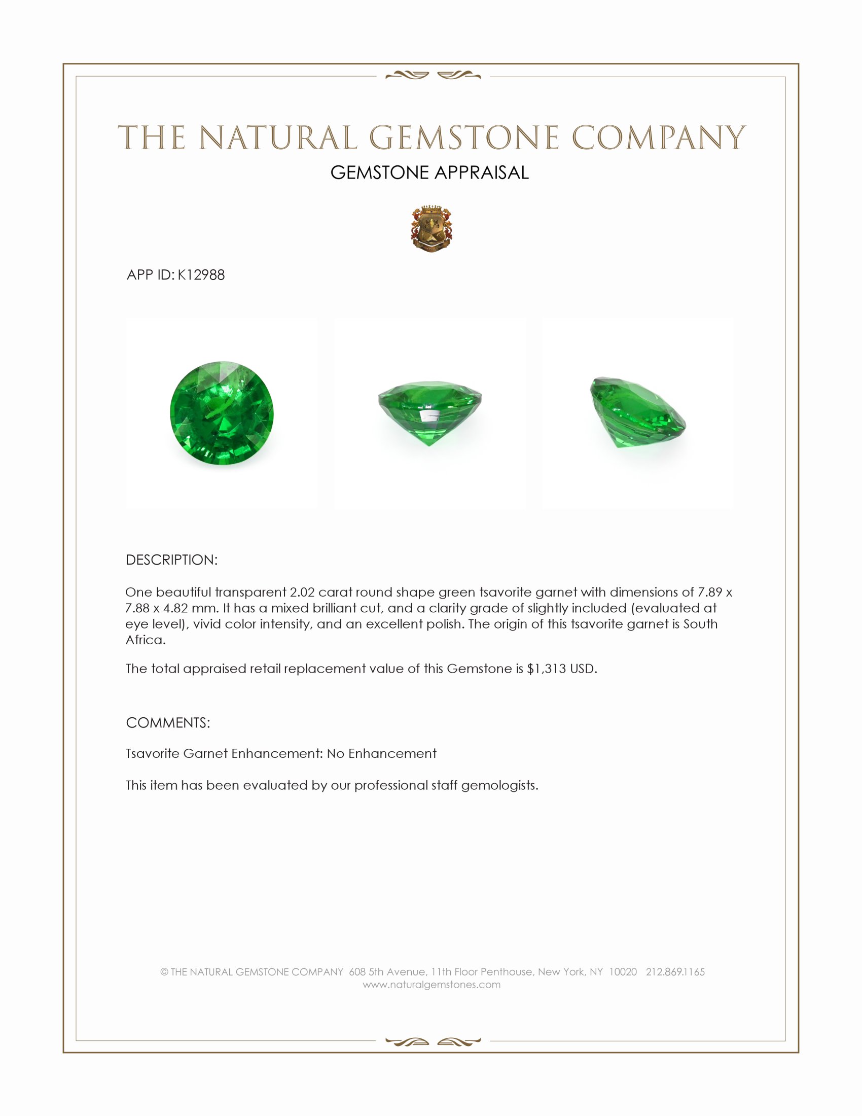 2.02 Ct. Tsavorite Garnet from South Africa
