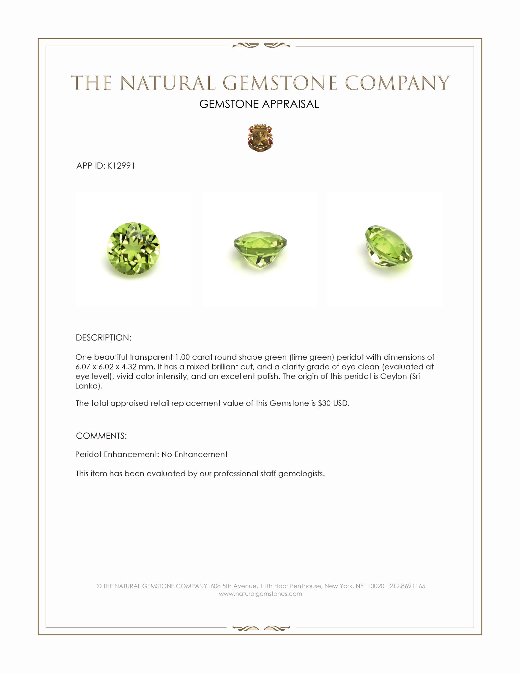1.00 Ct. Green (Lime Green) Peridot from Ceylon (Sri Lanka)