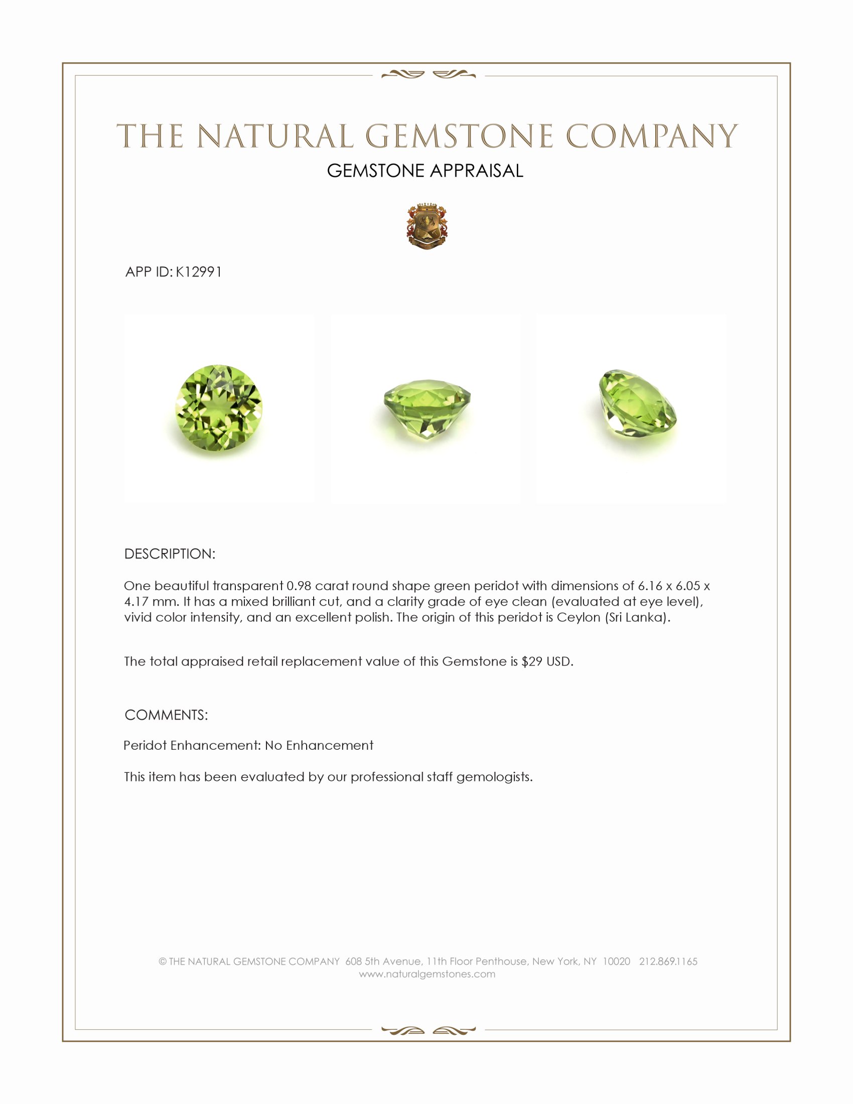 0.98 Ct. Peridot from Ceylon (Sri Lanka)