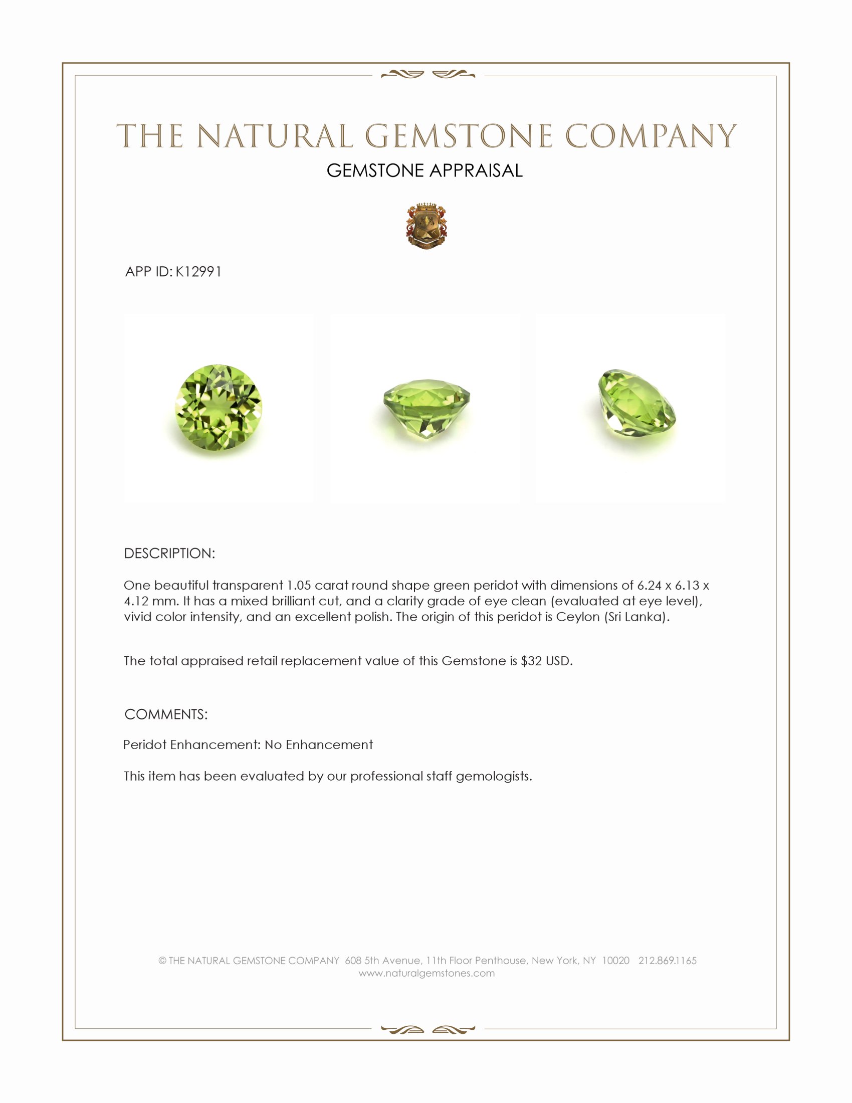 1.05 Ct. Peridot from Ceylon (Sri Lanka)