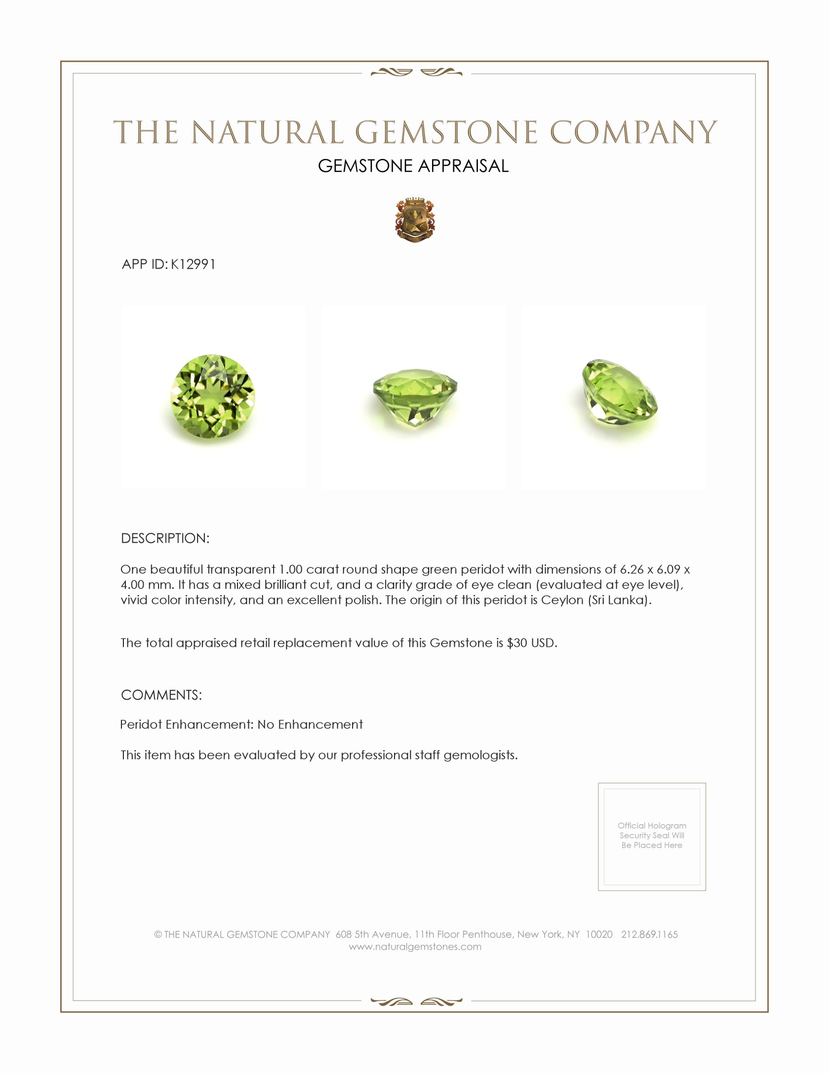 1.00 Ct. Peridot from Ceylon (Sri Lanka)