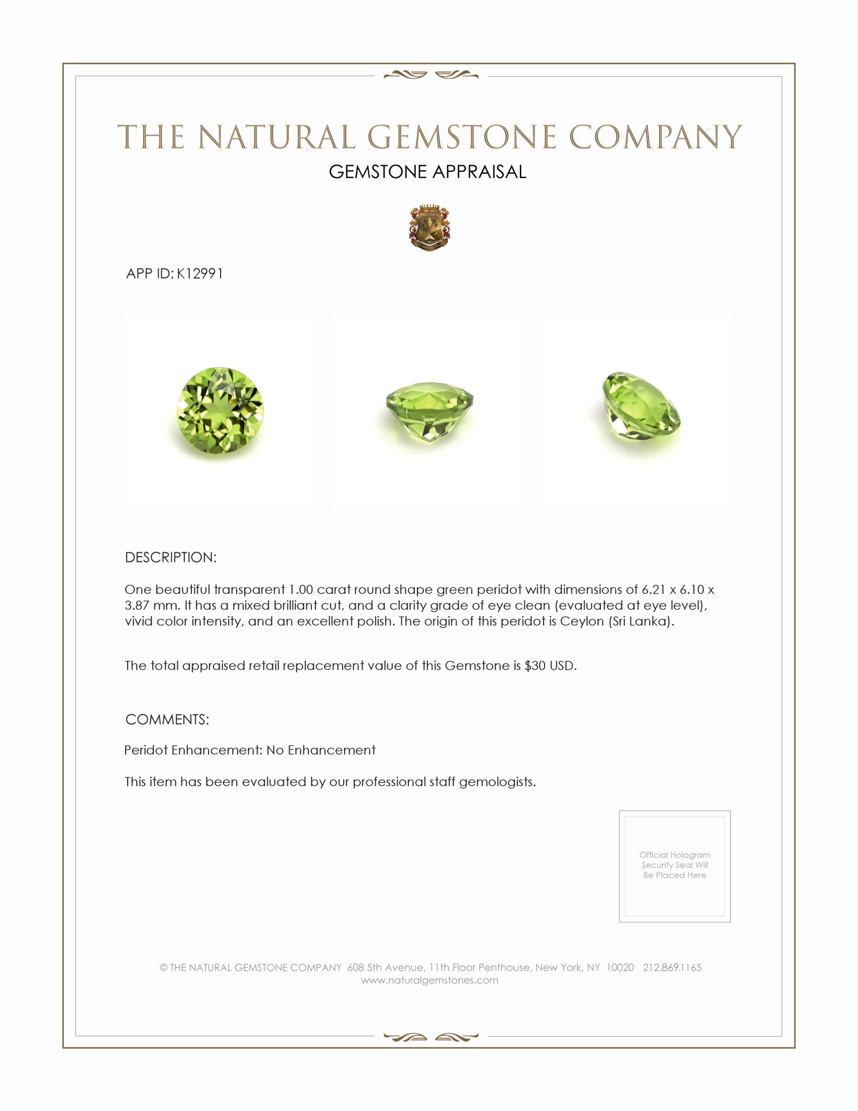 1.00 Ct. Peridot from Ceylon (Sri Lanka)