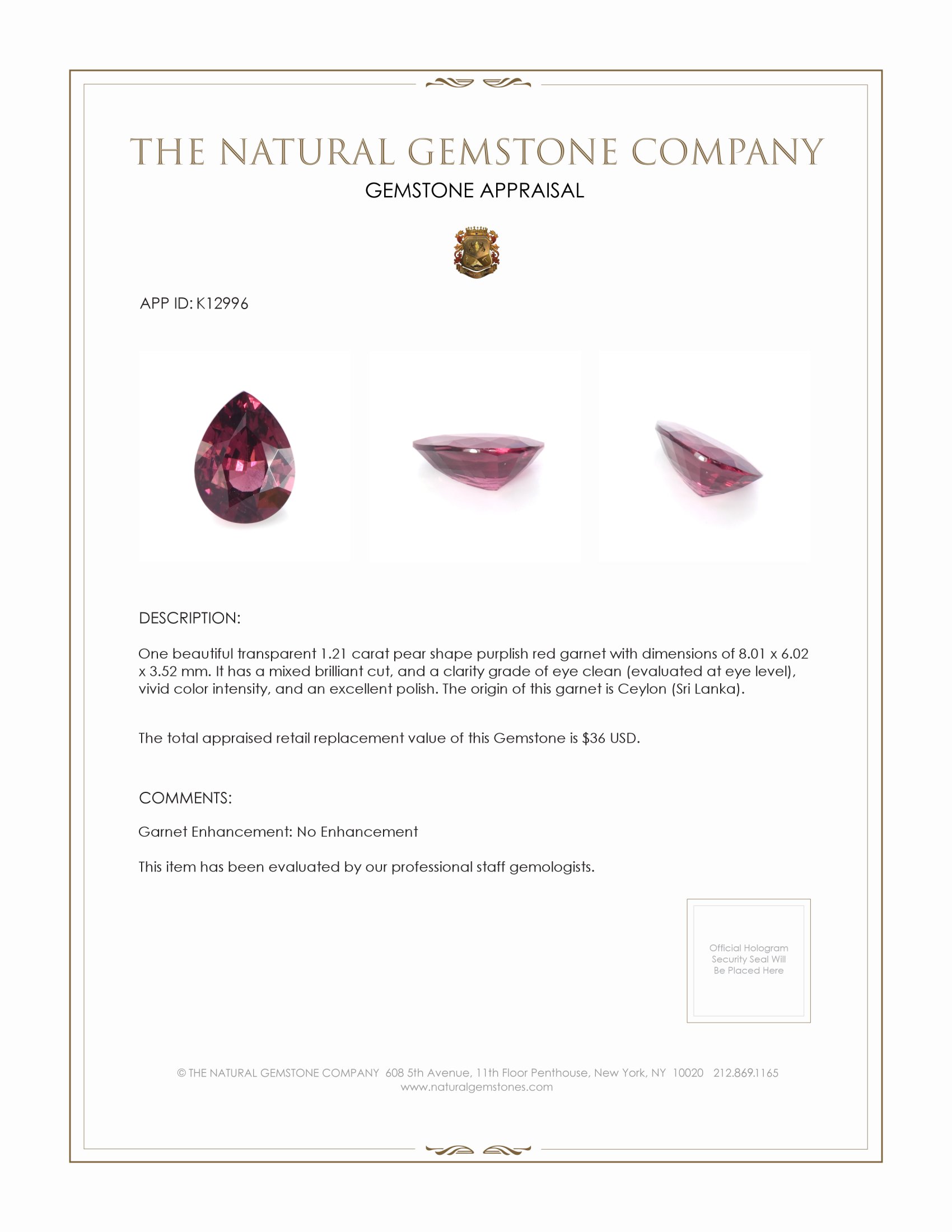 1.45 Ct. Purplish Red Garnet from Ceylon (Sri Lanka)