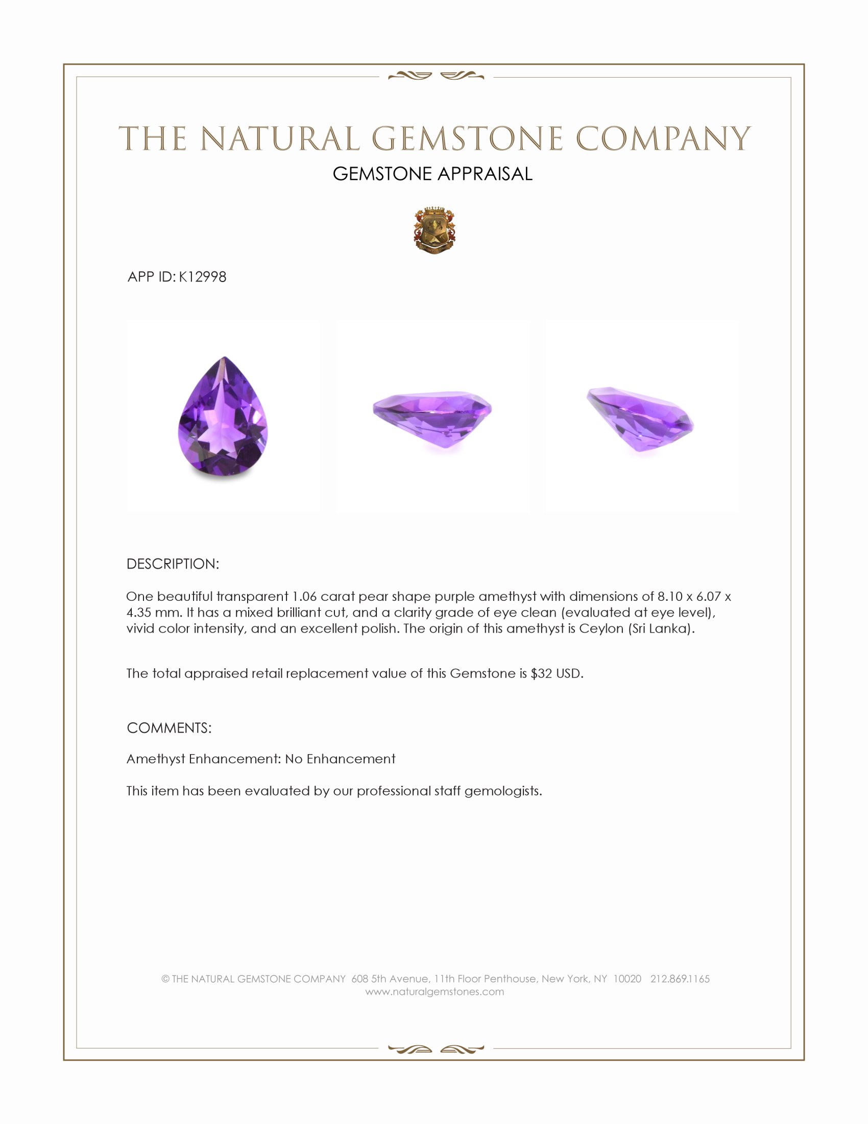 1.00 Ct. Purple Amethyst from Ceylon (Sri Lanka)