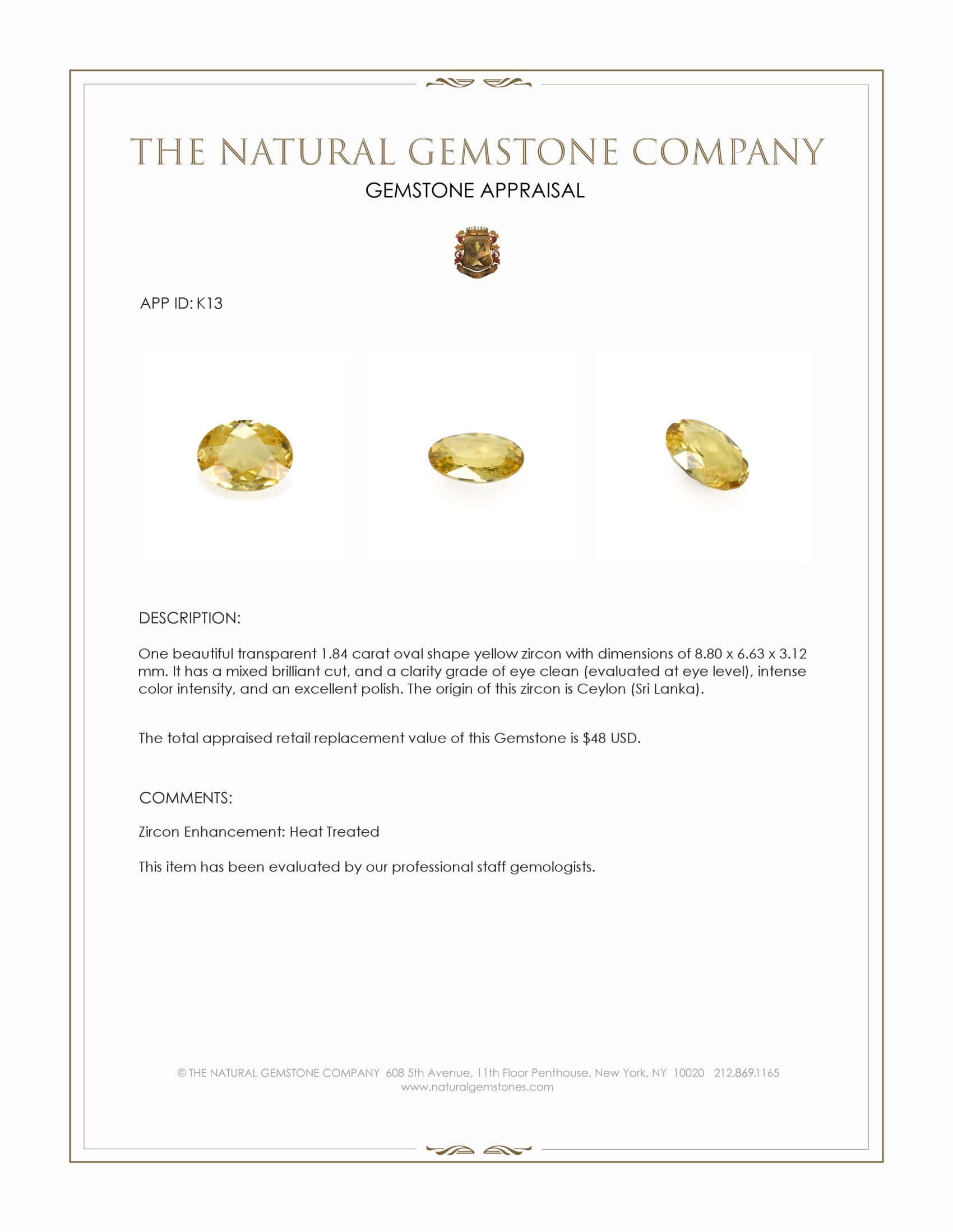 1.84 Ct. Yellow Zircon from Ceylon (Sri Lanka)