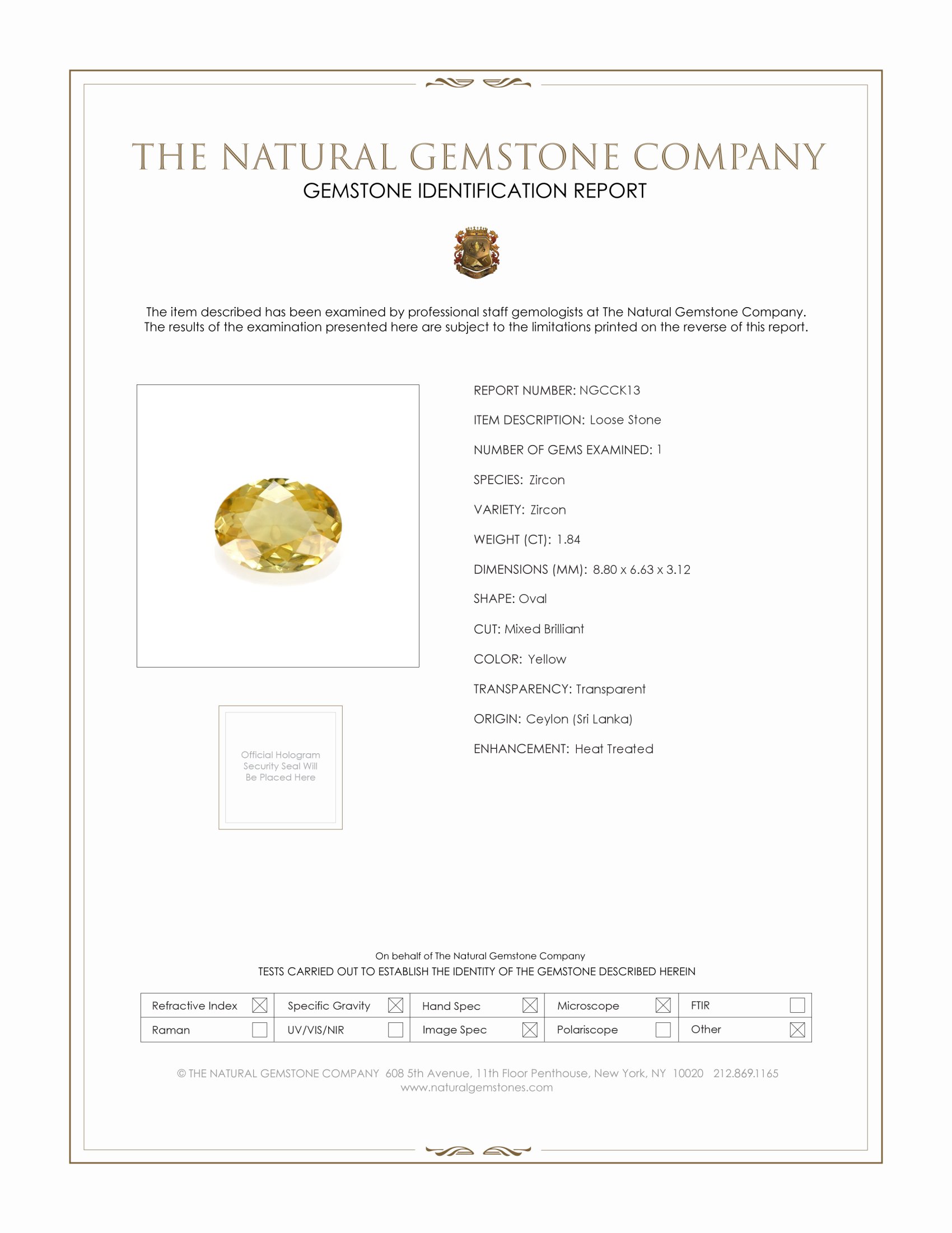 1.84 Ct. Yellow Zircon from Ceylon (Sri Lanka)