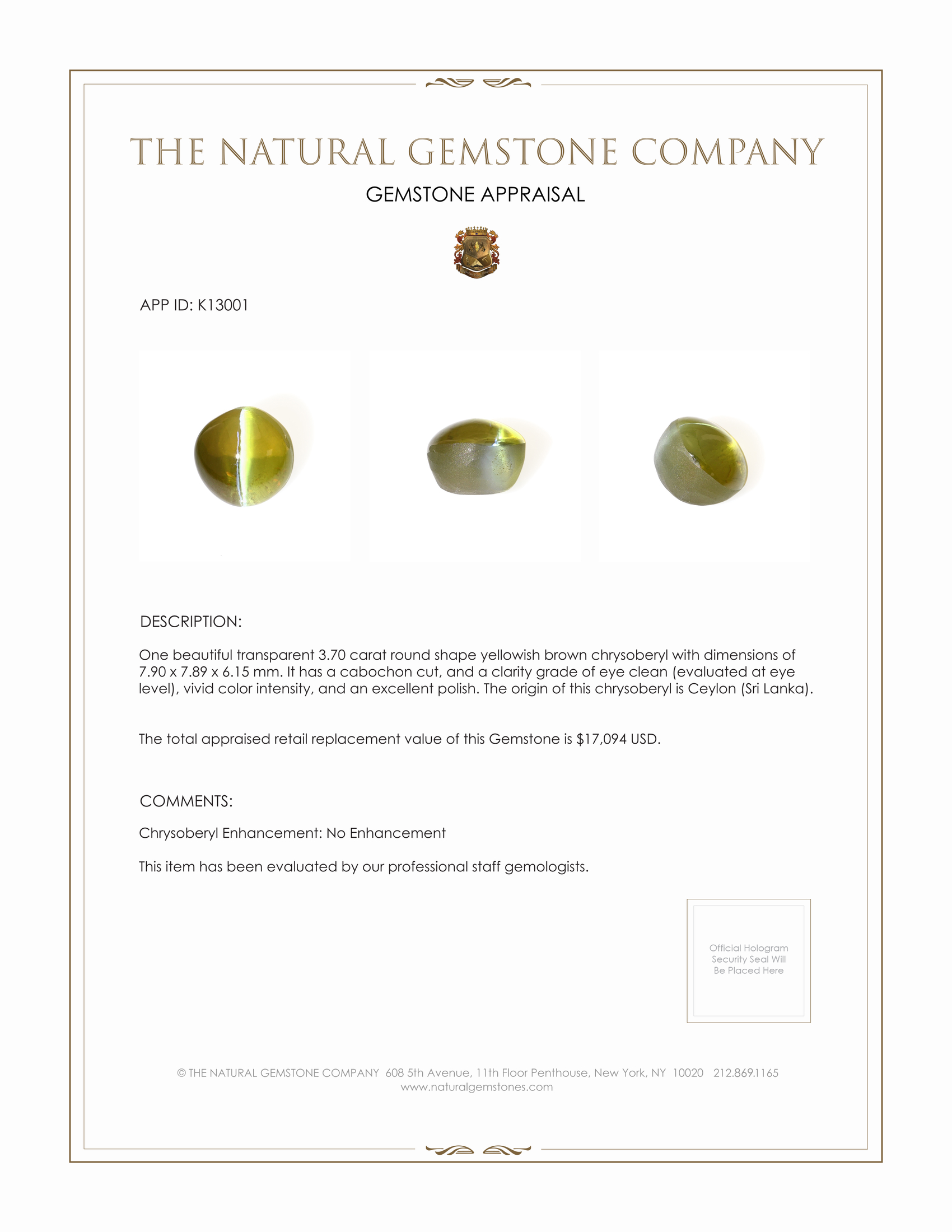 3.70 Ct. Cabochon Chrysoberyl from Ceylon (Sri Lanka)