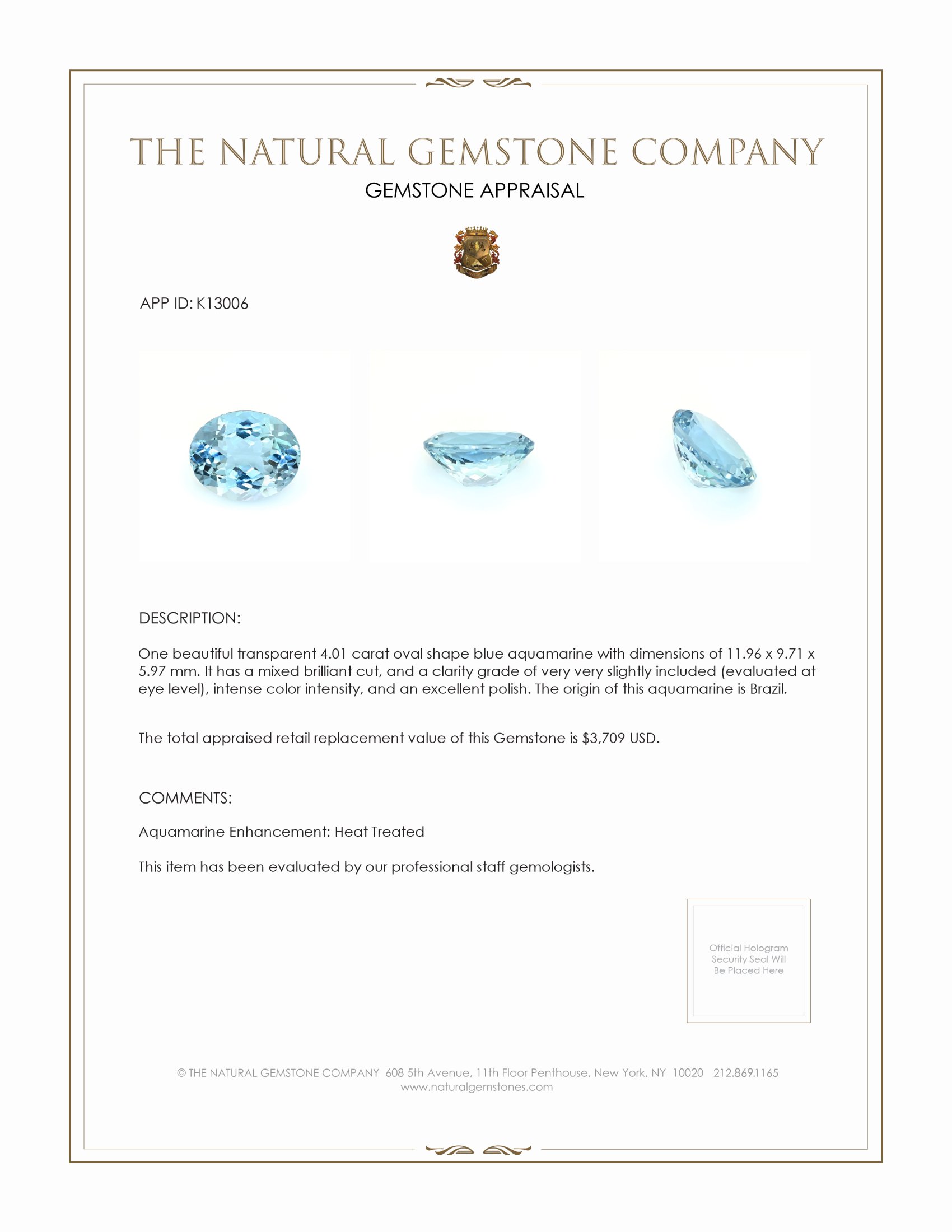4.01 Ct. Aquamarine from Brazil