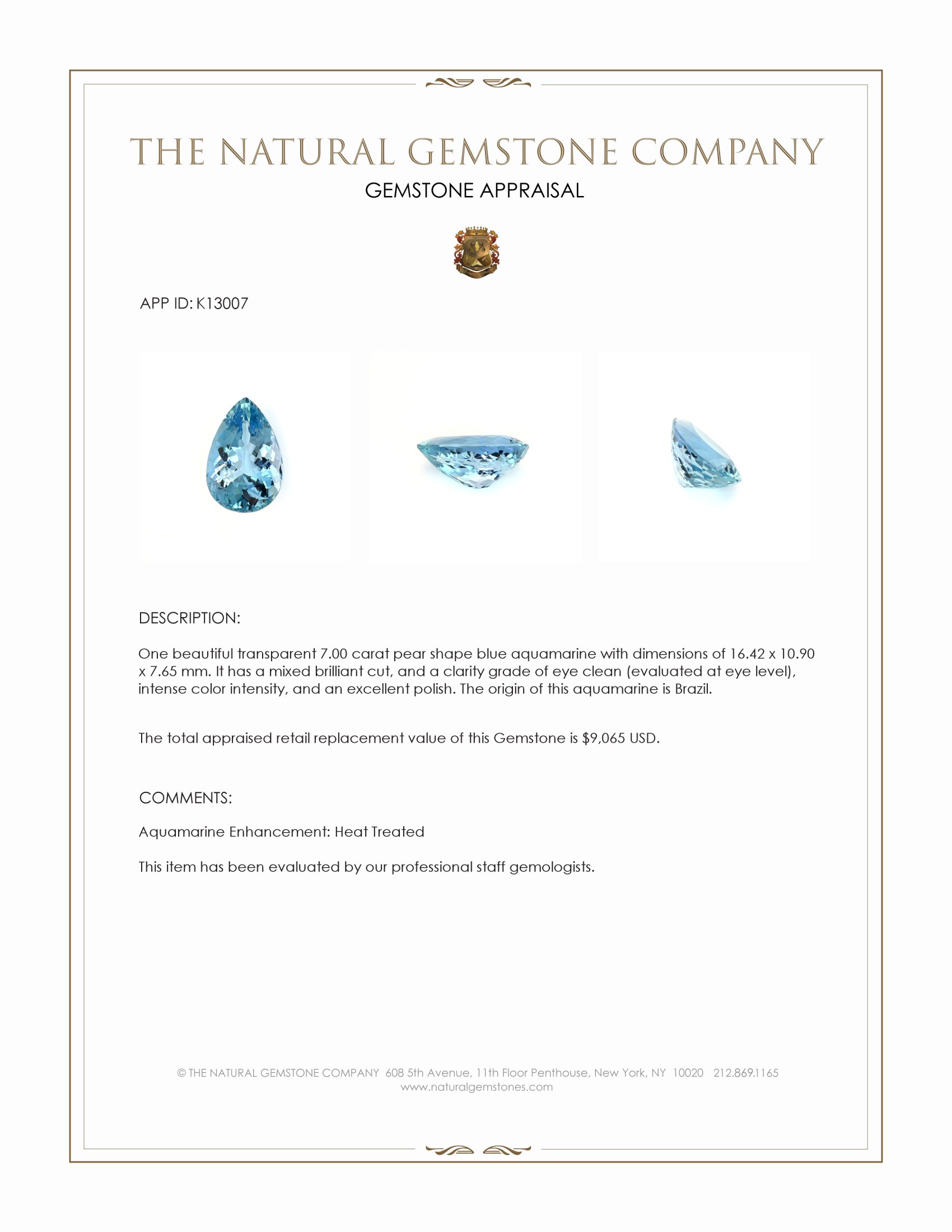 7.00 Ct. Blue Aquamarine from Brazil