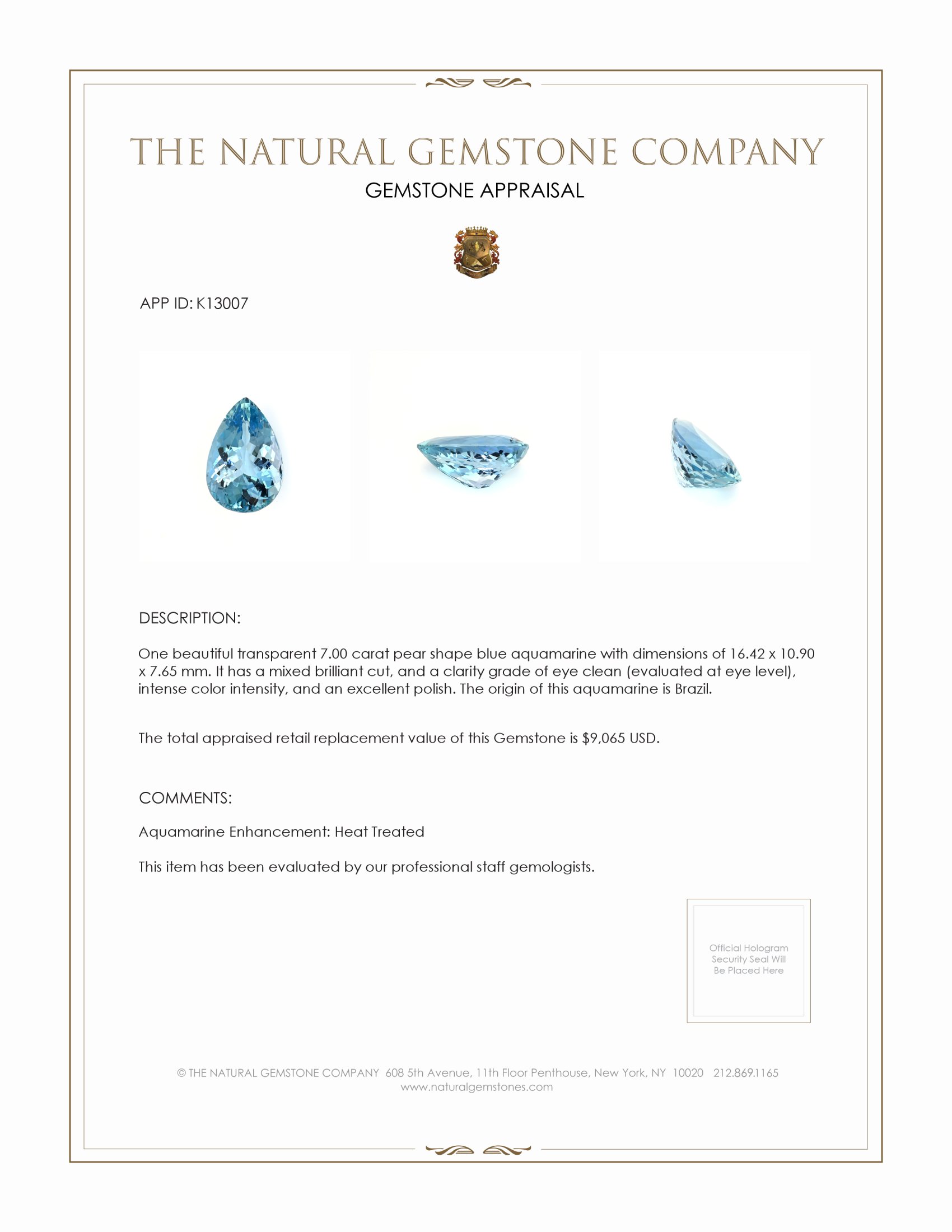 7.00 Ct. Aquamarine from Brazil