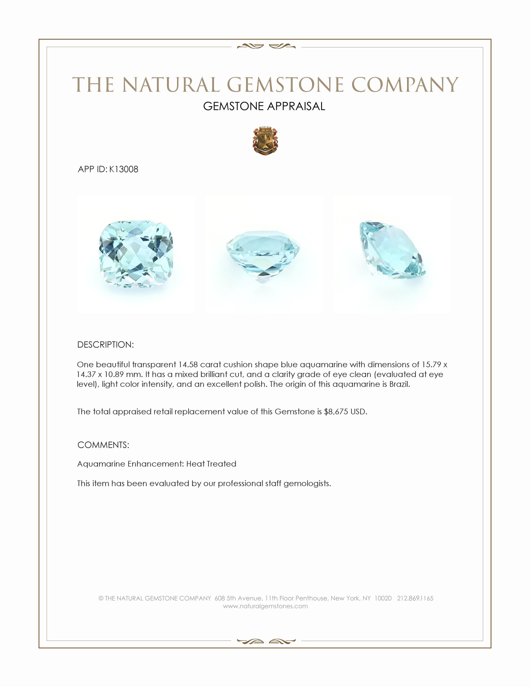 14.58 Ct. Blue Aquamarine from Brazil