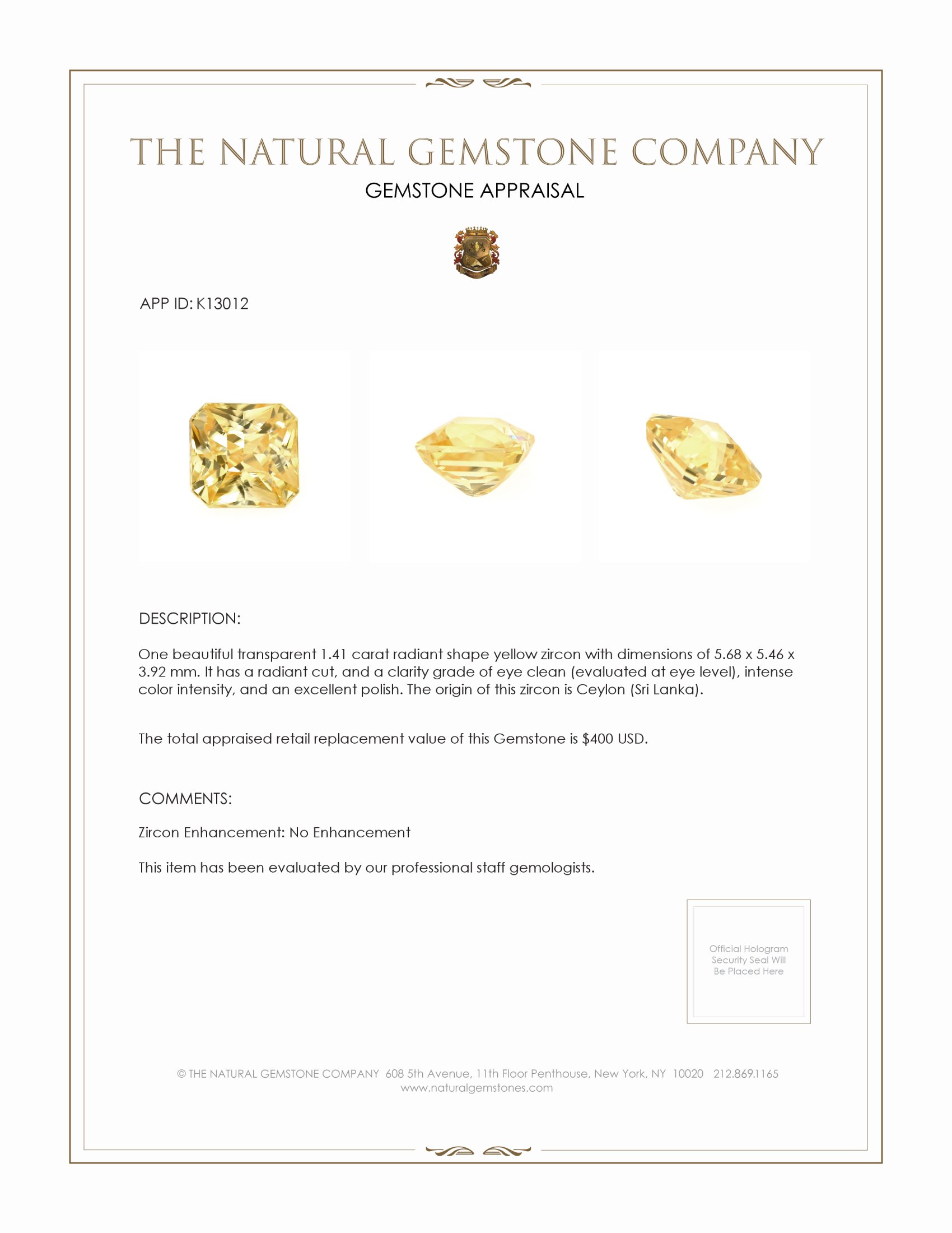 1.41 Ct. Yellow Zircon from Ceylon (Sri Lanka)