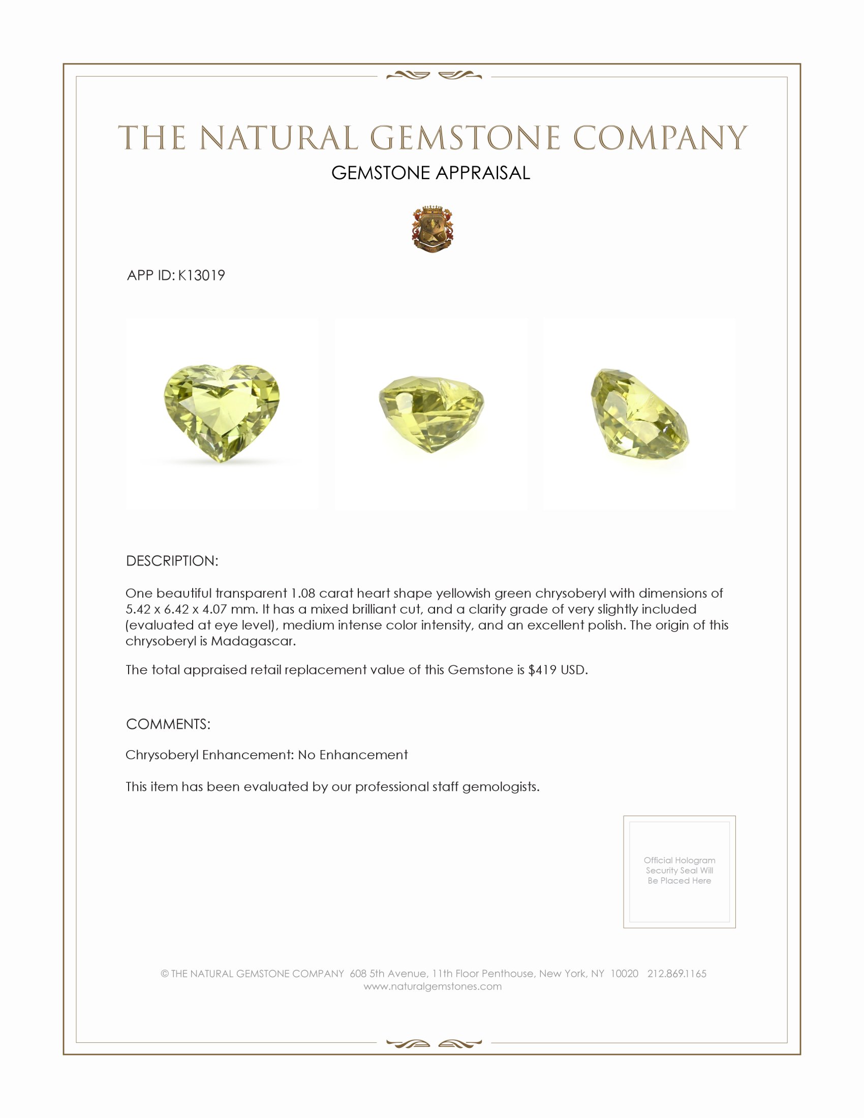 1.08 Ct. Yellowish Green Chrysoberyl from Madagascar