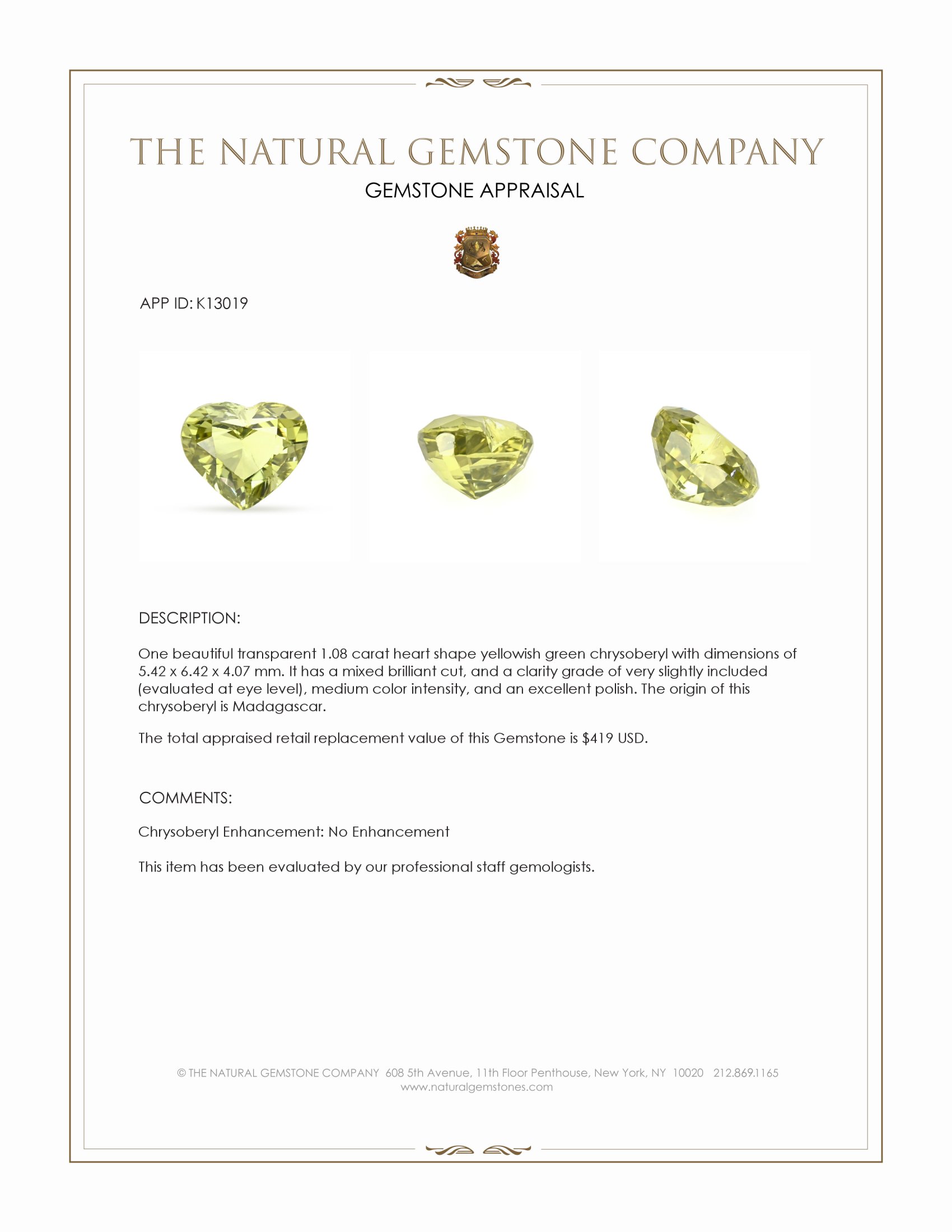 1.08 Ct. Chrysoberyl from Madagascar