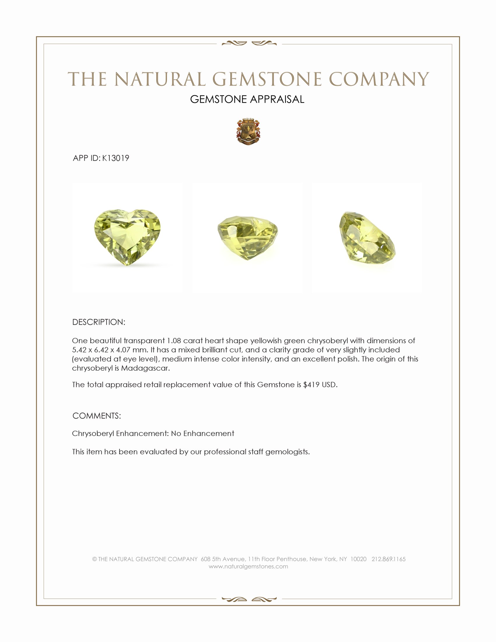 1.08 Ct. Chrysoberyl from Madagascar