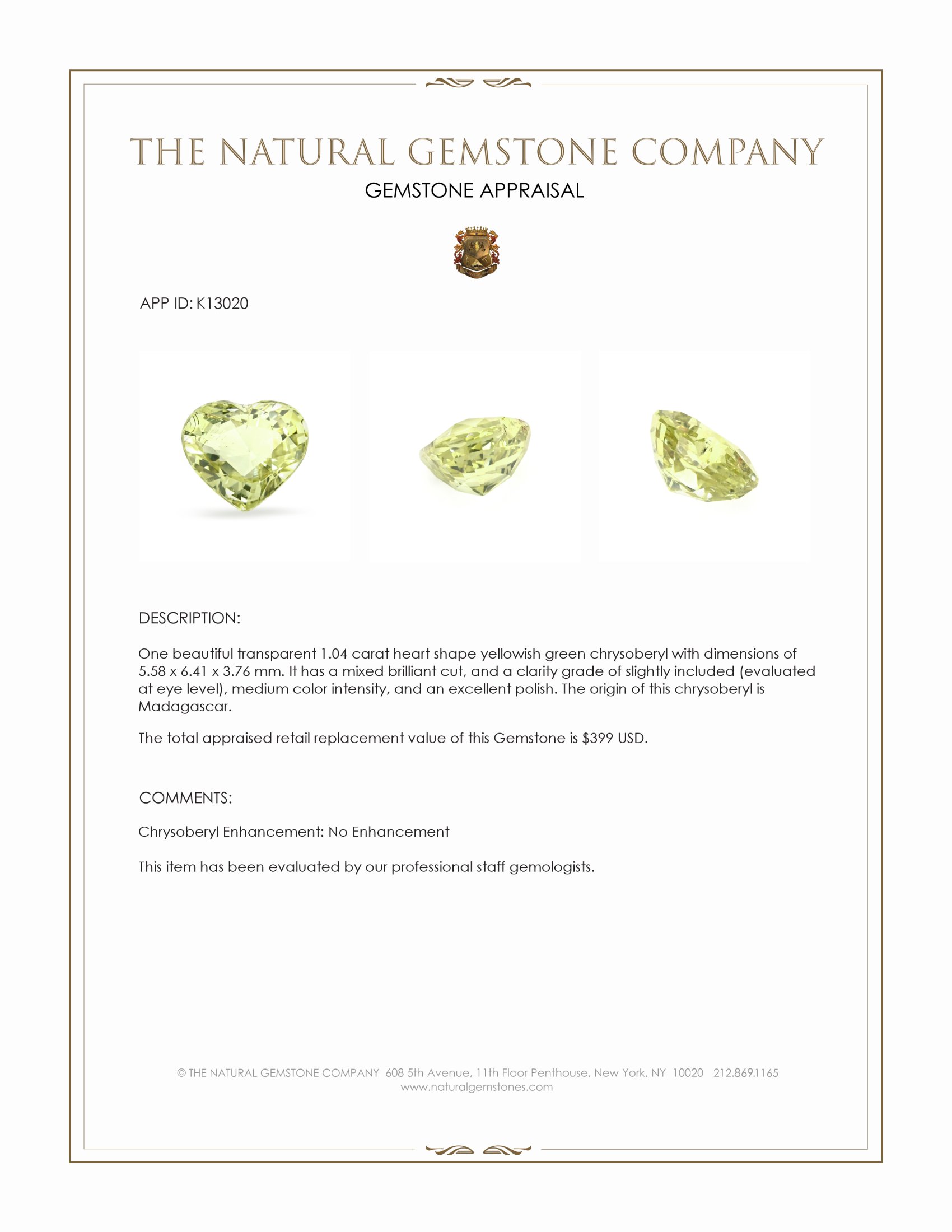 1.04 Ct. Chrysoberyl from Madagascar