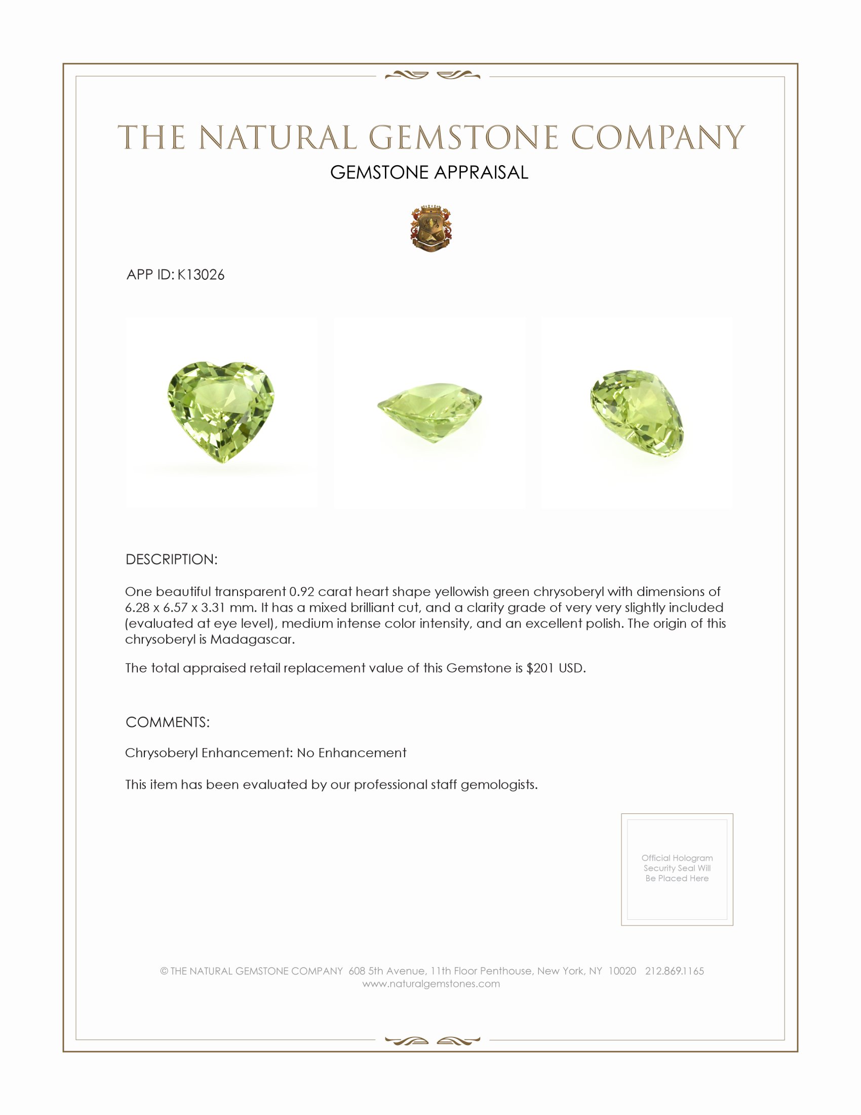 0.92 Ct. Chrysoberyl from Madagascar