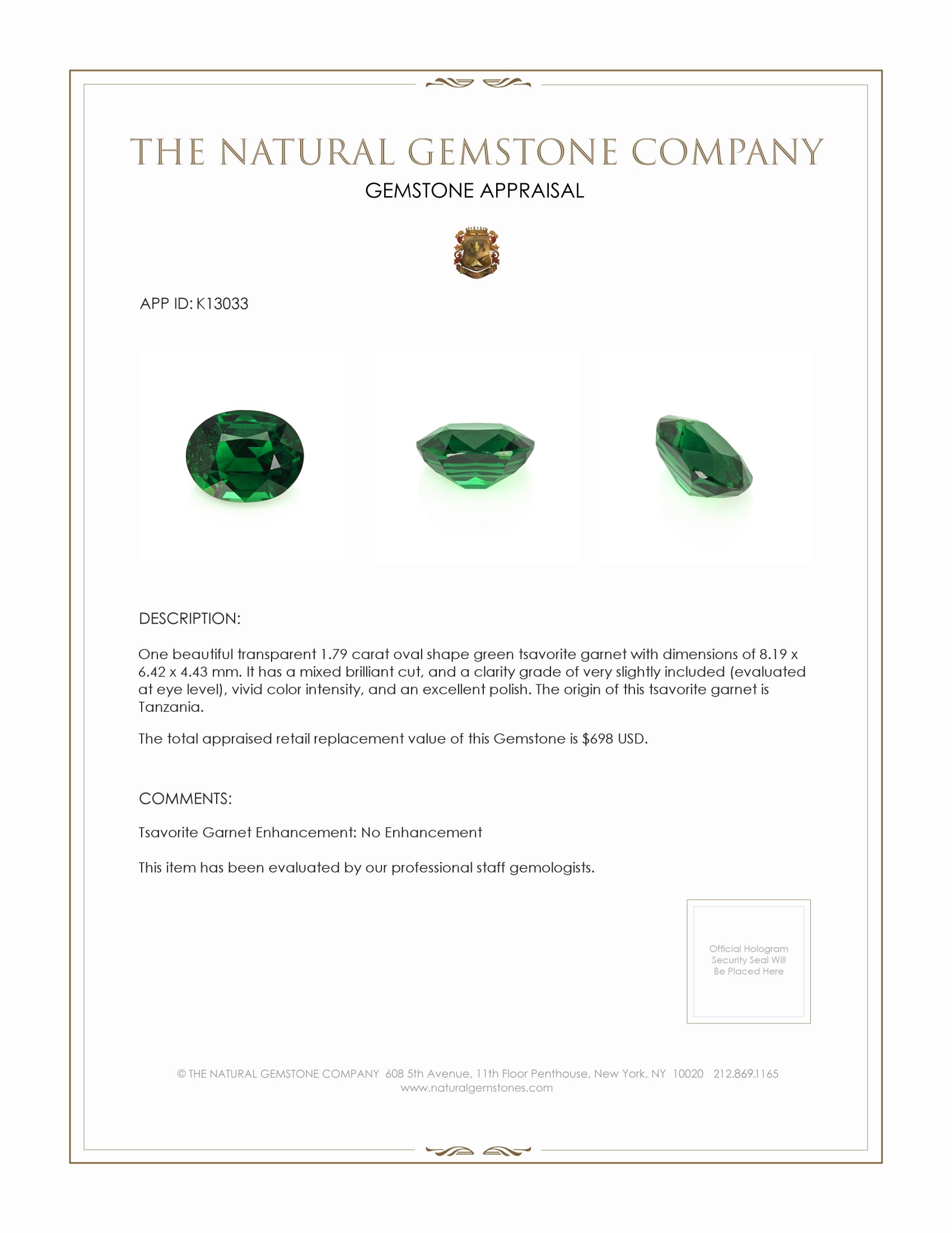 1.79 Ct. Tsavorite Garnet from Tanzania